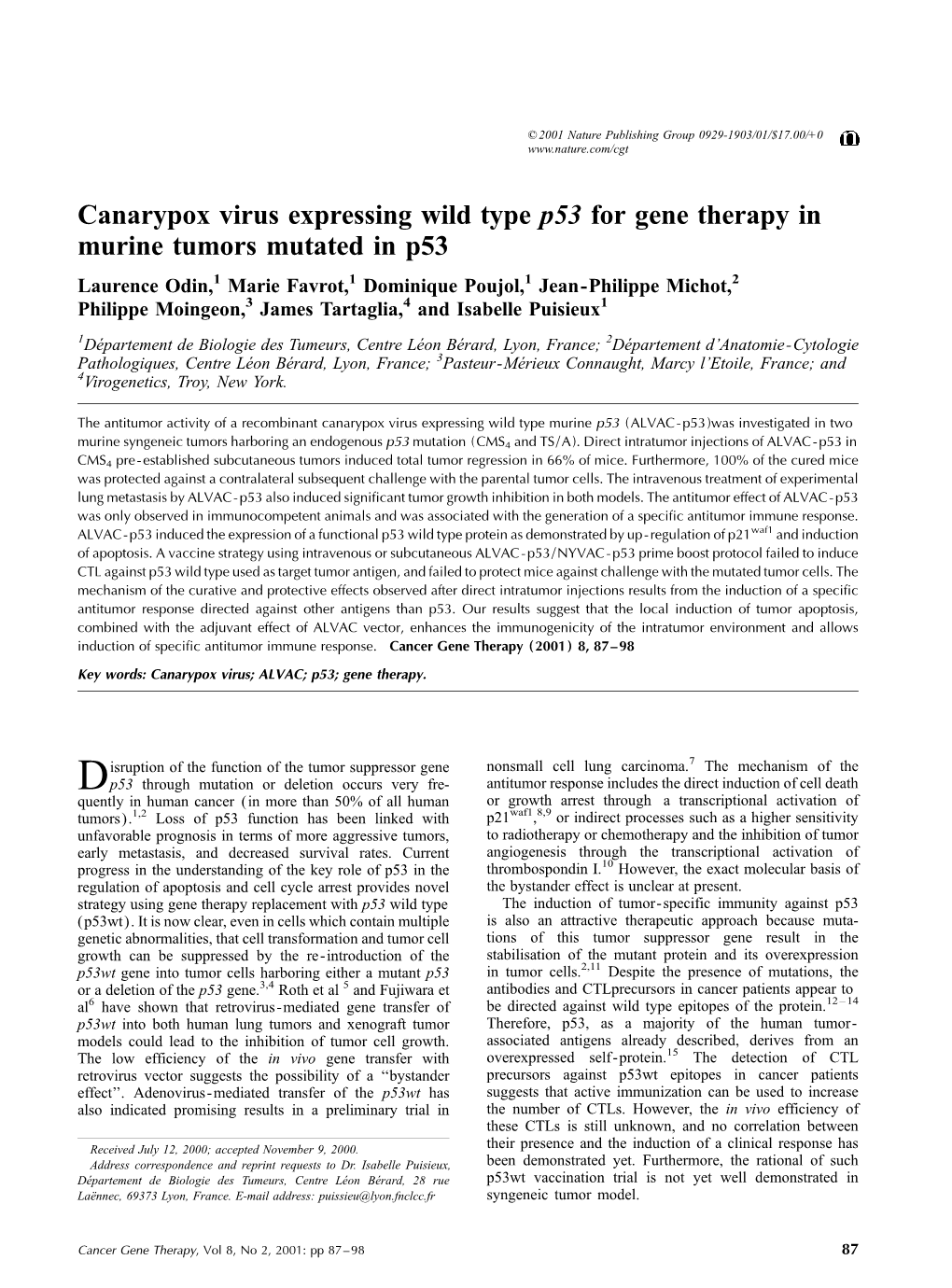 Canarypox Virus Expressing Wild Type P53 for Gene Therapy in Murine