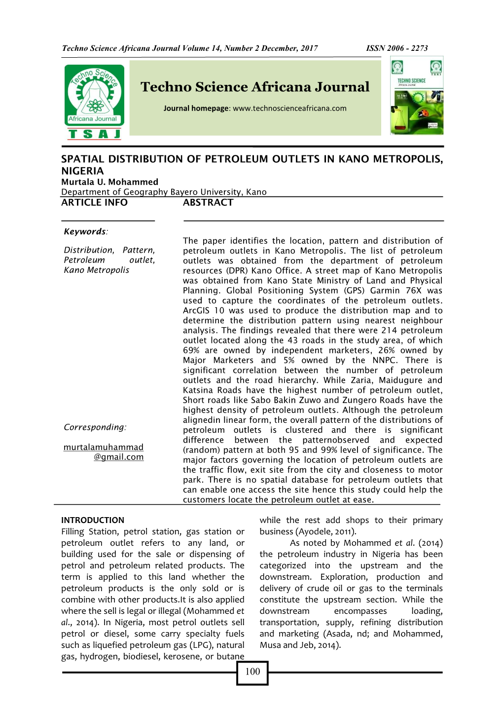 100 Techno Science Africana Journal Volume 14, Number 2 December, 2017 ISSN 2006 - 2273