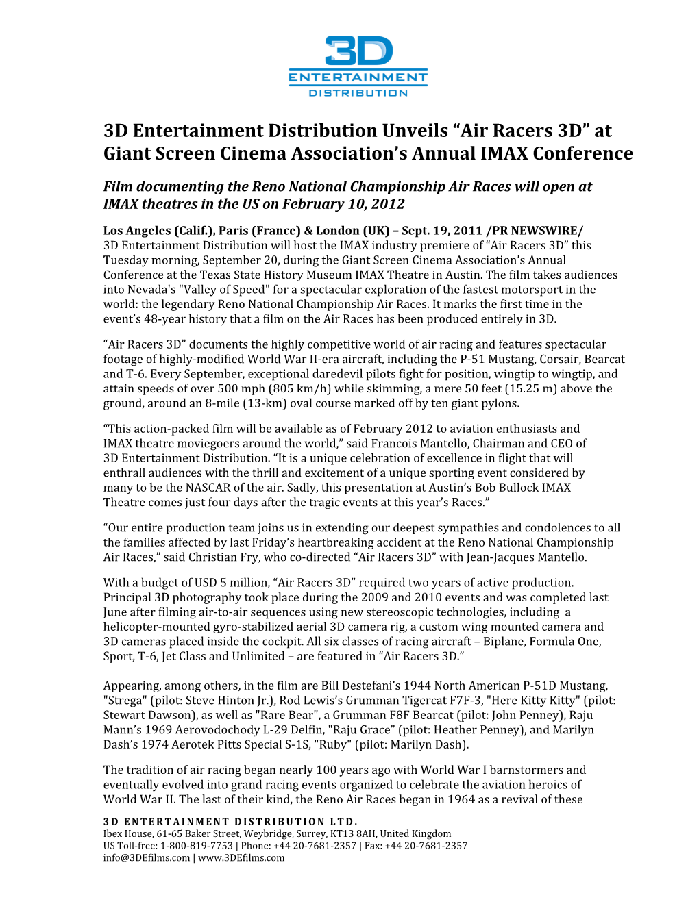 3D Entertainment Distribution Unveils “Air Racers 3D” at Giant Screen Cinema Association’S Annual IMAX Conference