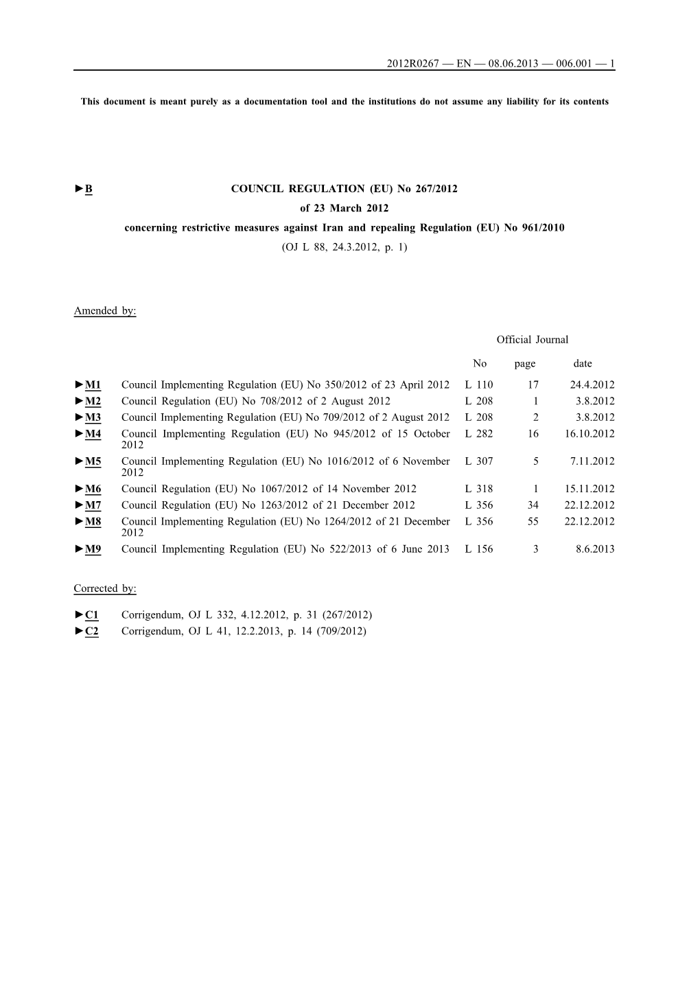 B COUNCIL REGULATION (EU) No 267/2012 of 23 March 2012 Concerning Restrictive Measures Against Iran and Repealing Regulation (EU) No 961/2010 (OJ L 88, 24.3.2012, P