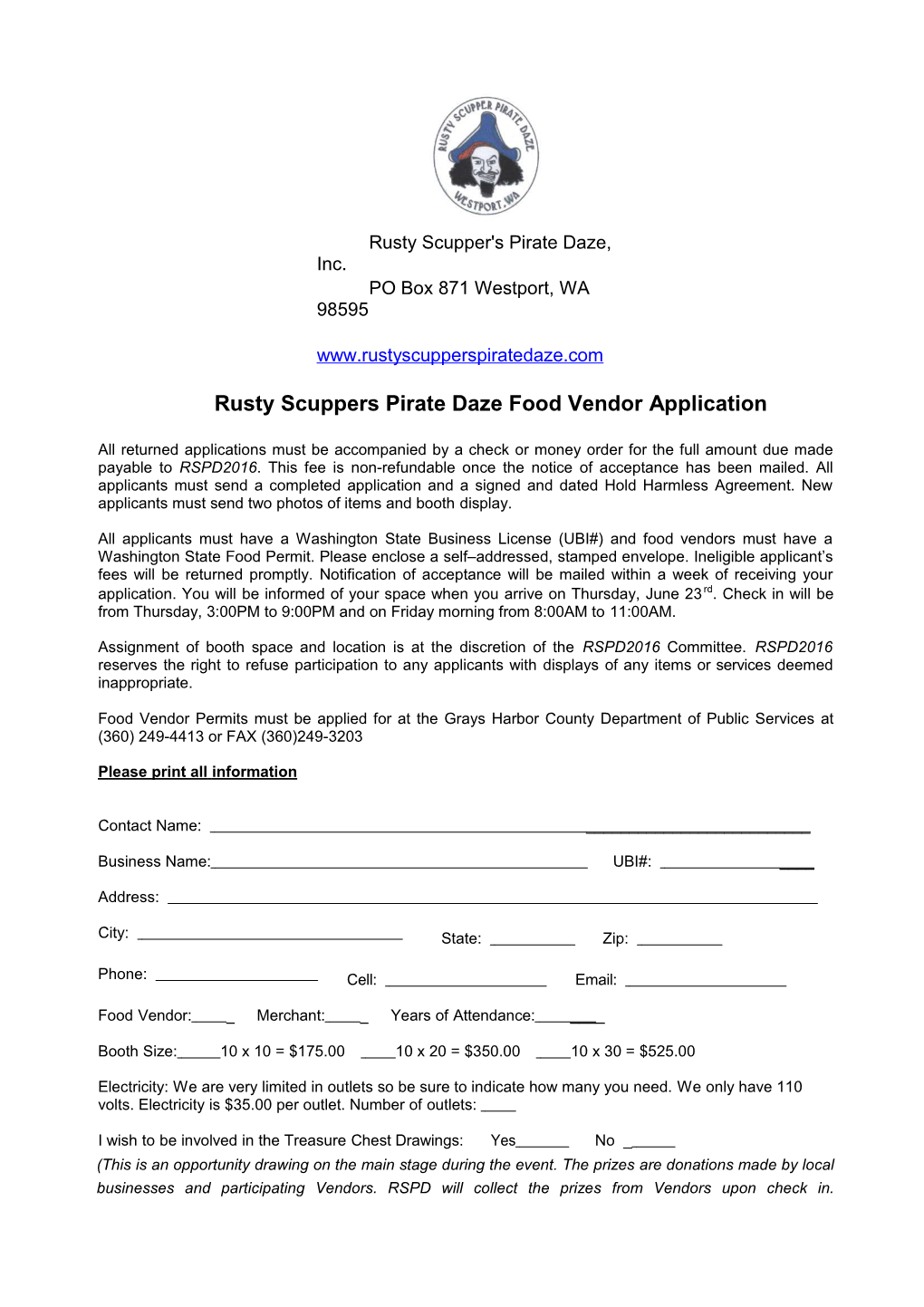 Rusty Scuppers Pirate Daze Vendor Application