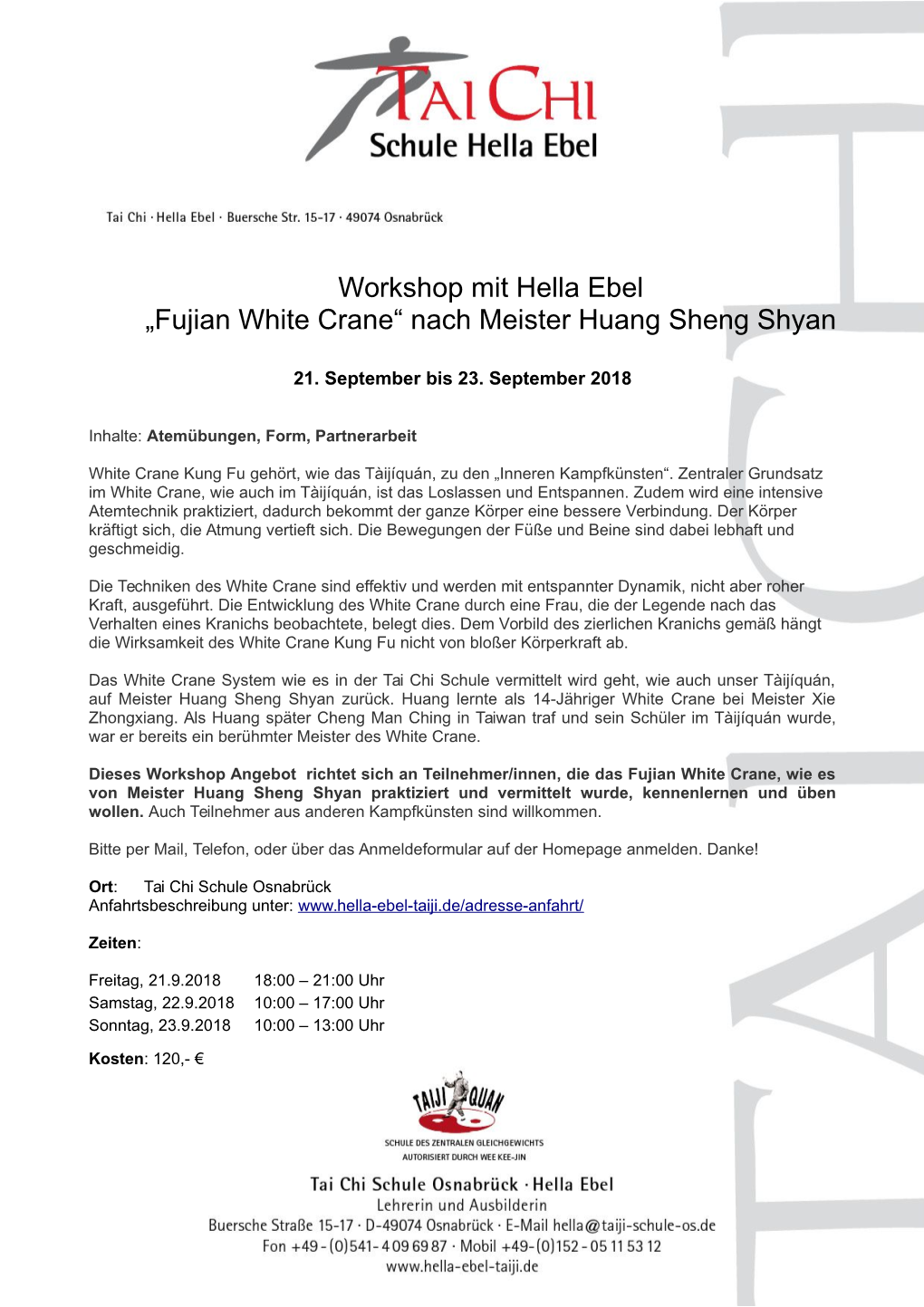 Workshop Mit Hella Ebel „Fujian White Crane“ Nach Meister Huang Sheng Shyan