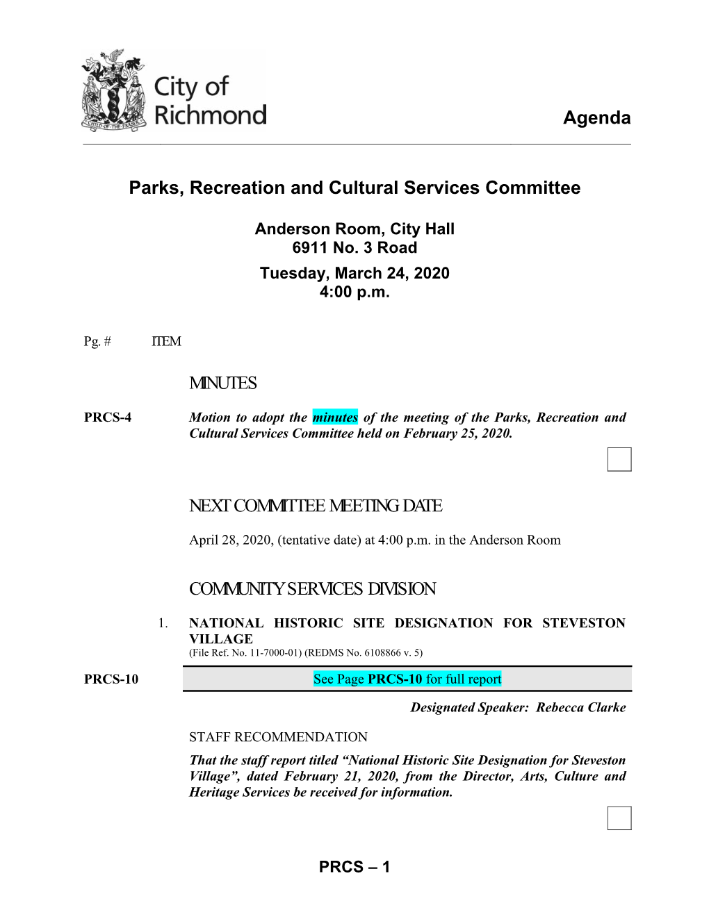 Agenda Parks, Recreation and Cultural Services Committee