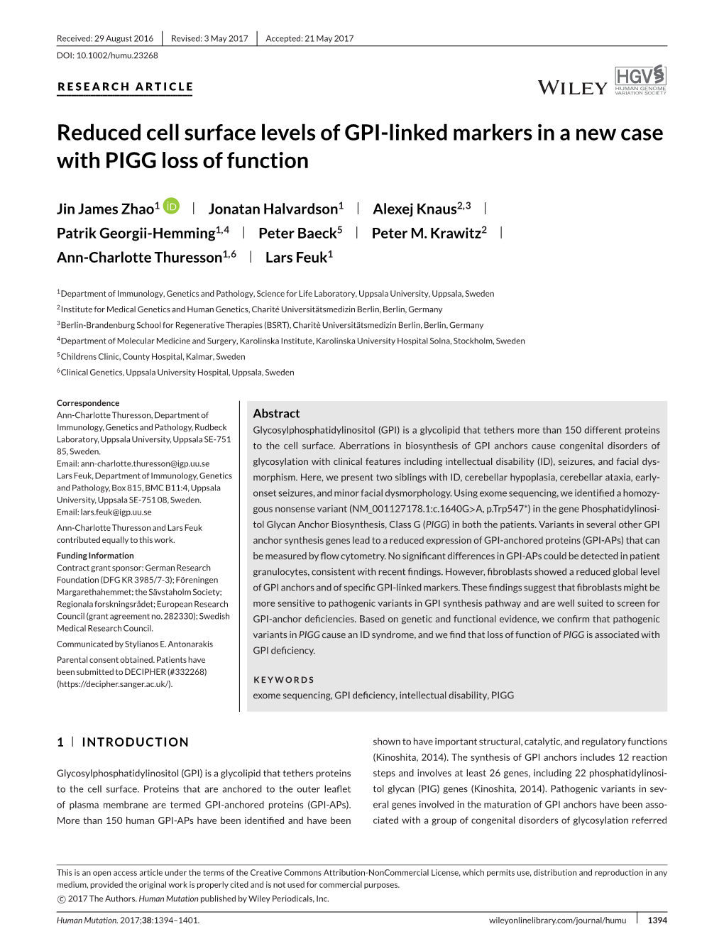 Reduced Cell Surface Levels of GPI&#X02010