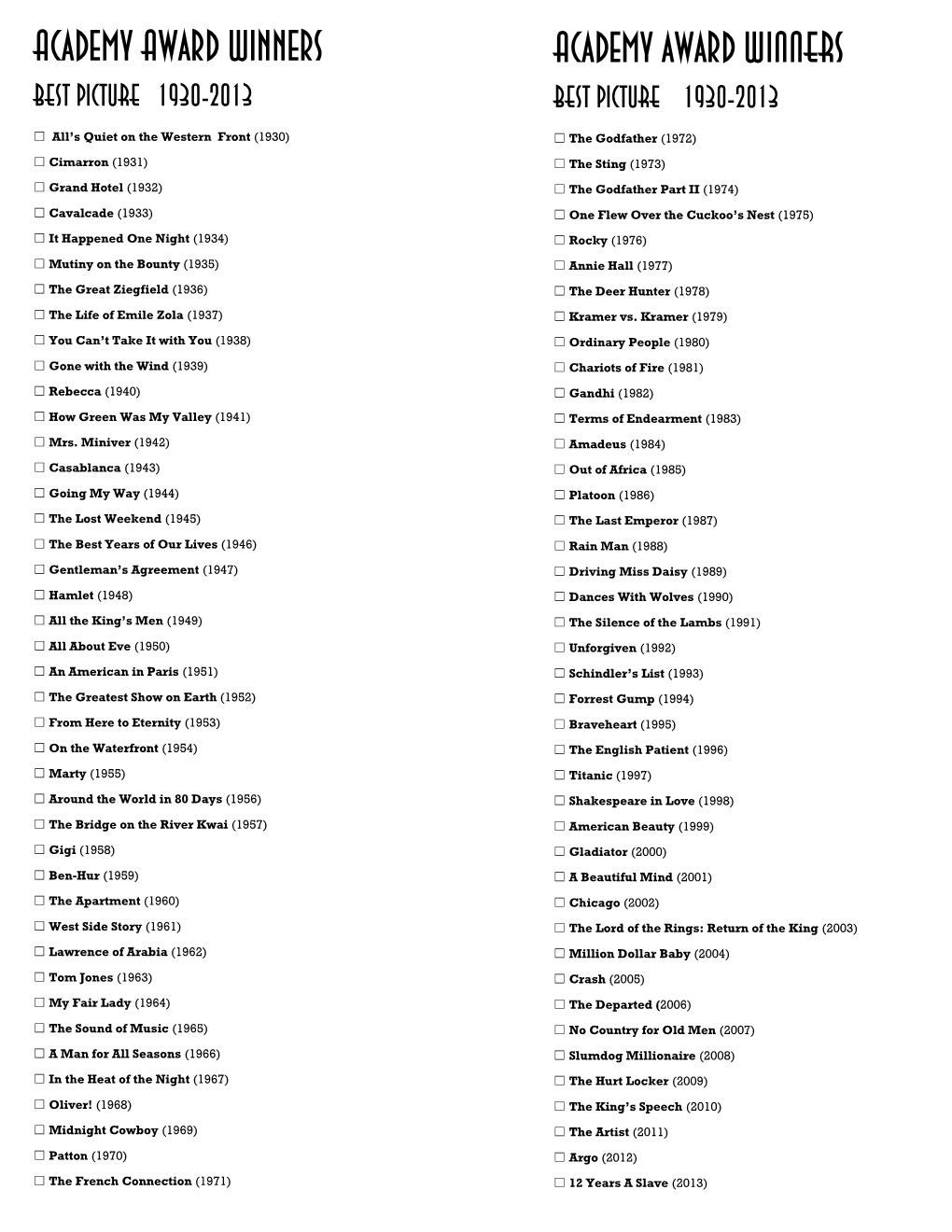 Academy Award Winners Academy Award WINNERS BEST PICTURE 1930-2013 BEST PICTURE 1930-2013