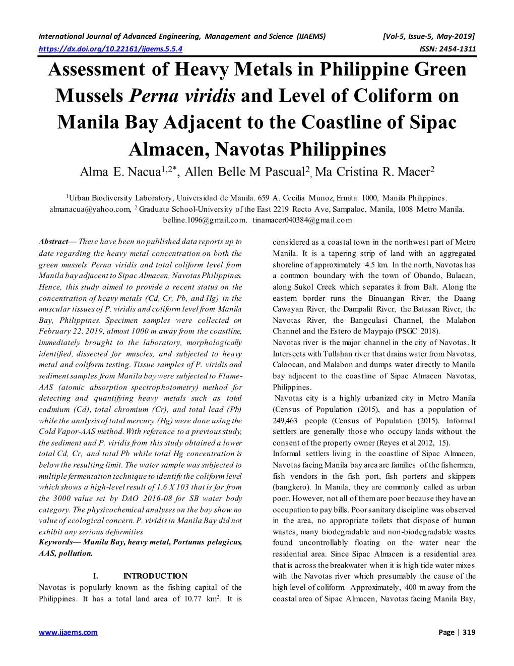 Assessment of Heavy Metals in Philippine Green Mussels Perna