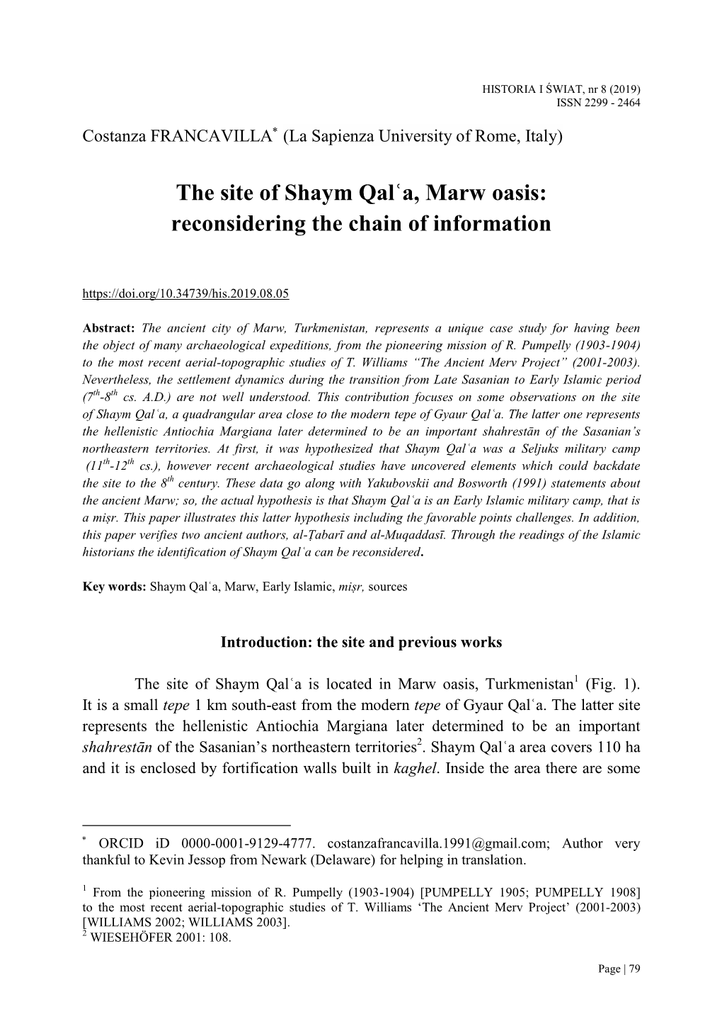 The Site of Shaym Qalʿa, Marw Oasis: Reconsidering the Chain of Information