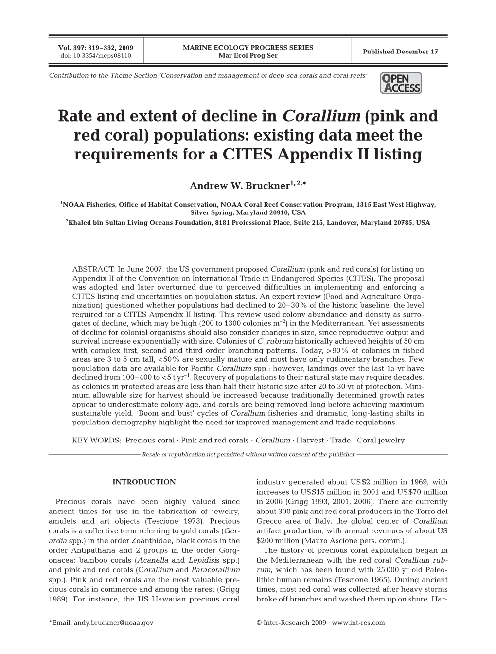 Rate and Extent of Decline in Corallium (Pink and Red Coral) Populations: Existing Data Meet the Requirements for a CITES Appendix II Listing