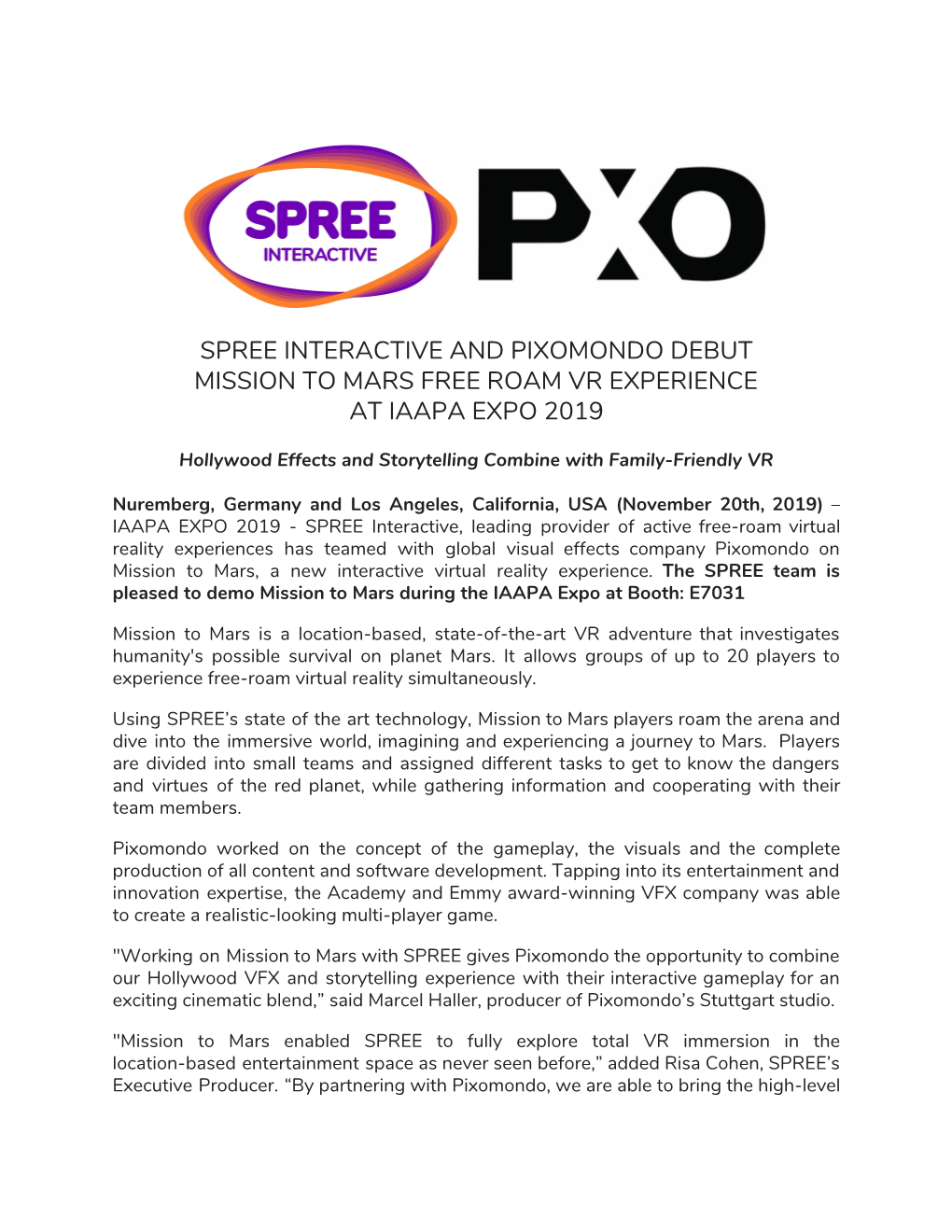 Spree Interactive and Pixomondo Debut Mission to Mars Free Roam Vr Experience at Iaapa Expo 2019