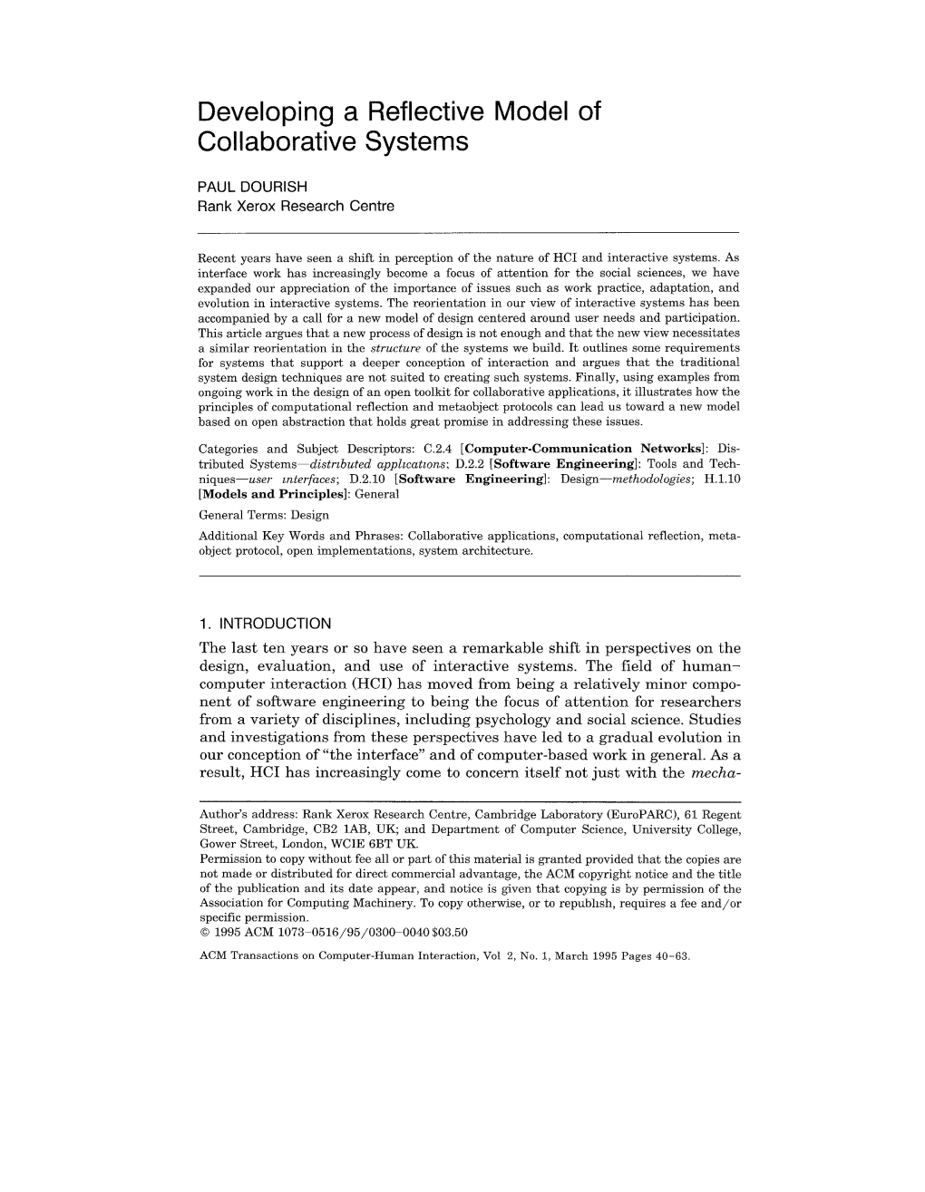 Developing a Reflective Model of Collaborative Systems