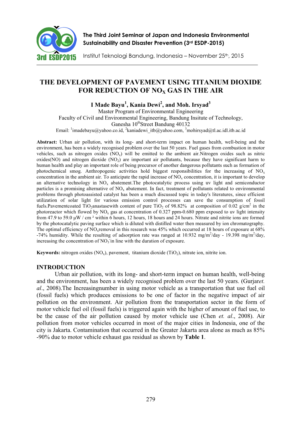 The Development of Pavement Using Titanium Dioxide for Reduction of Nox Gas in the Air