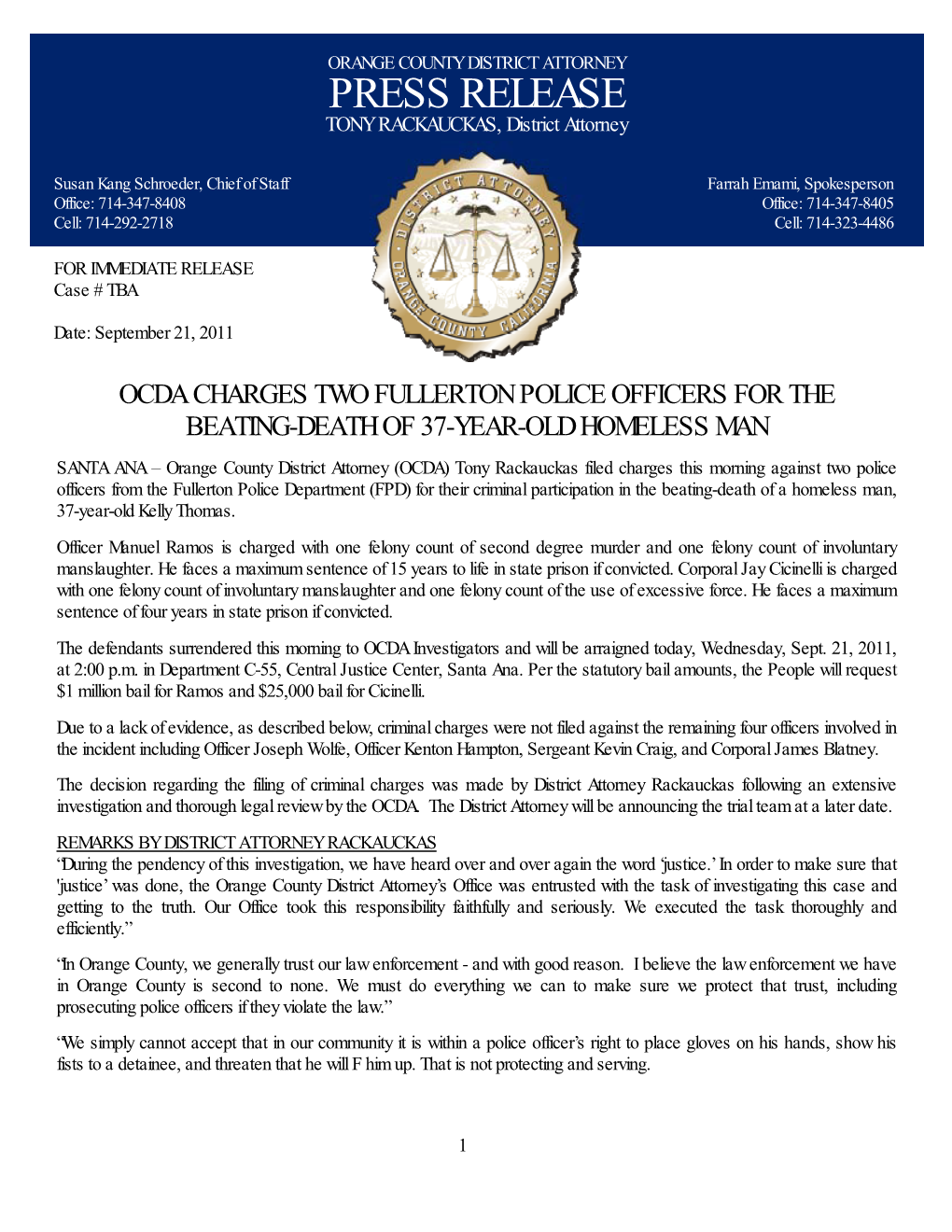 PRESS RELEASE TONY RACKAUCKAS, District Attorney