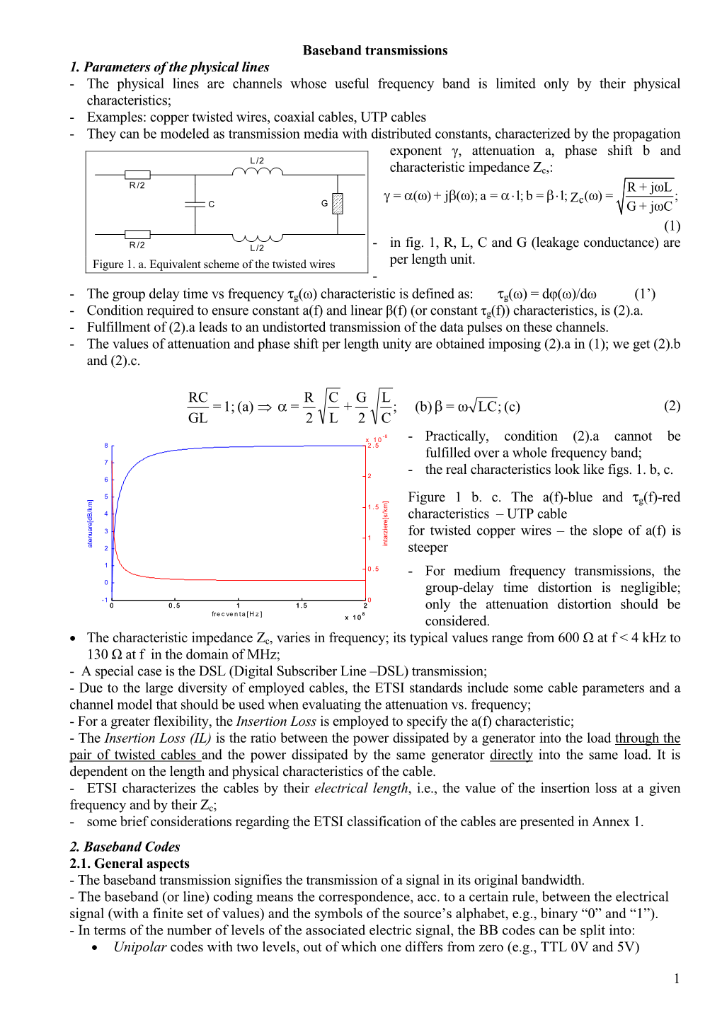 1 Baseband Transmissions 1. Parameters of the Physical Lines