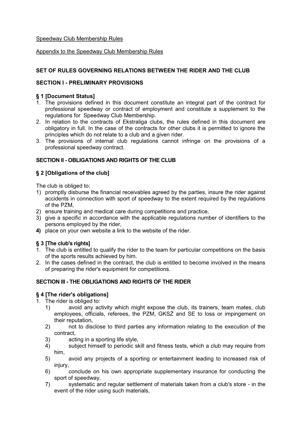 Speedway Club Membership Rules