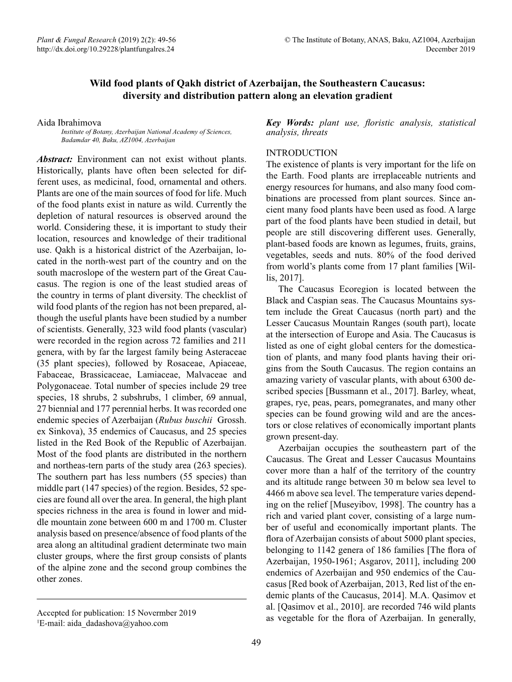 Wild Food Plants of Qakh District of Azerbaijan, the Southeastern Caucasus: Diversity and Distribution Pattern Along an Elevation Gradient