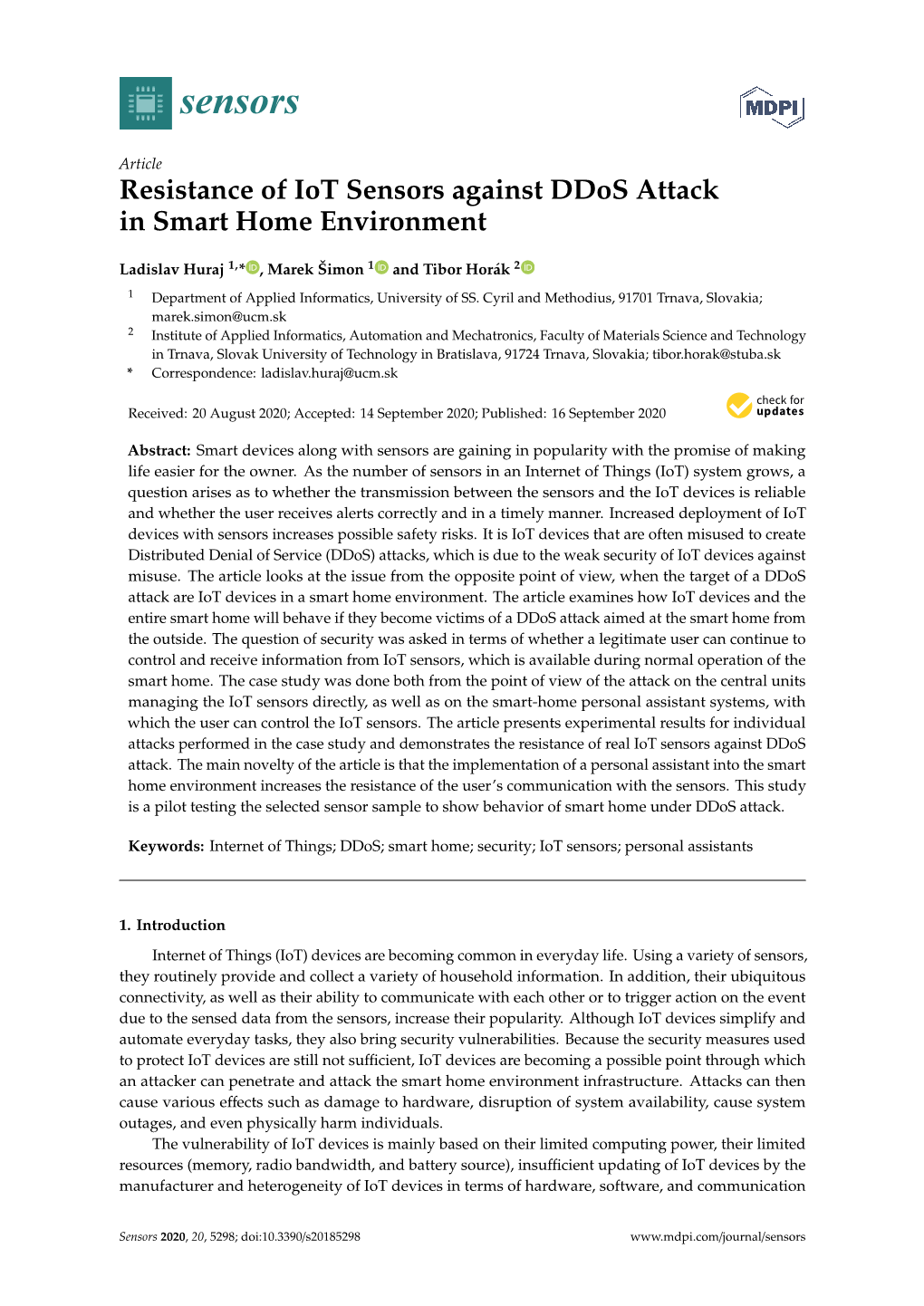 Resistance of Iot Sensors Against Ddos Attack in Smart Home Environment