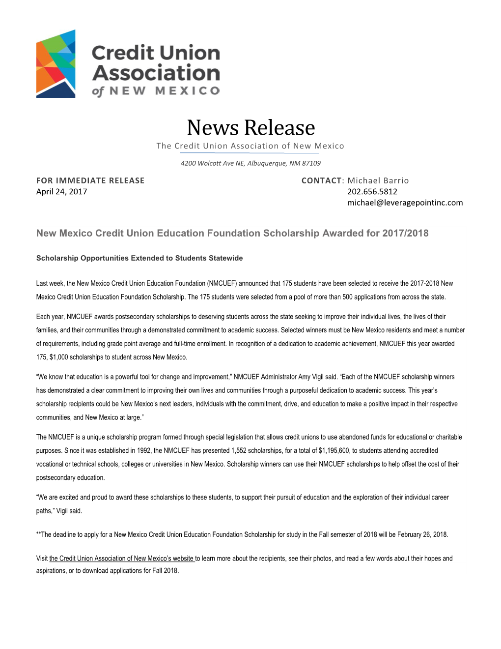 News Release the Credit Union Association of New Mexico