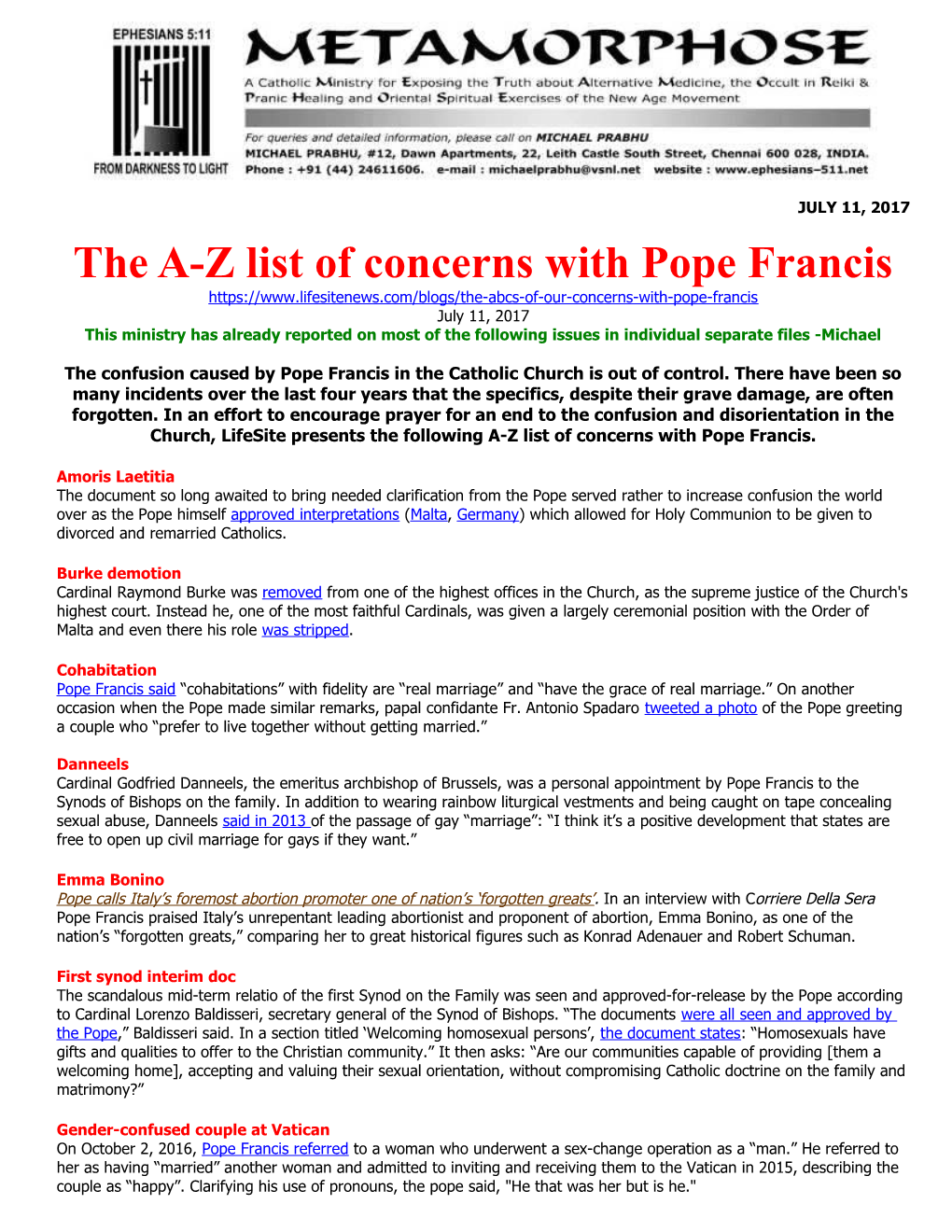 The A-Z List of Concerns with Pope Francis