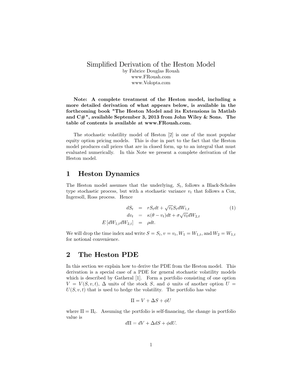 Brief Derivation of the Heston Model