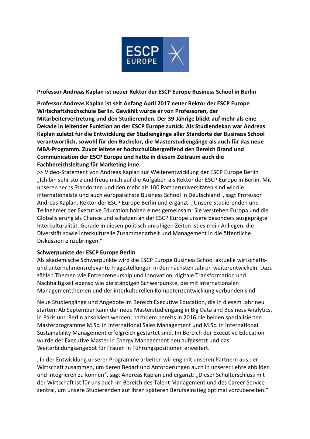 Professor Andreas Kaplan Ist Neuer Rektor Der ESCP Europe Business