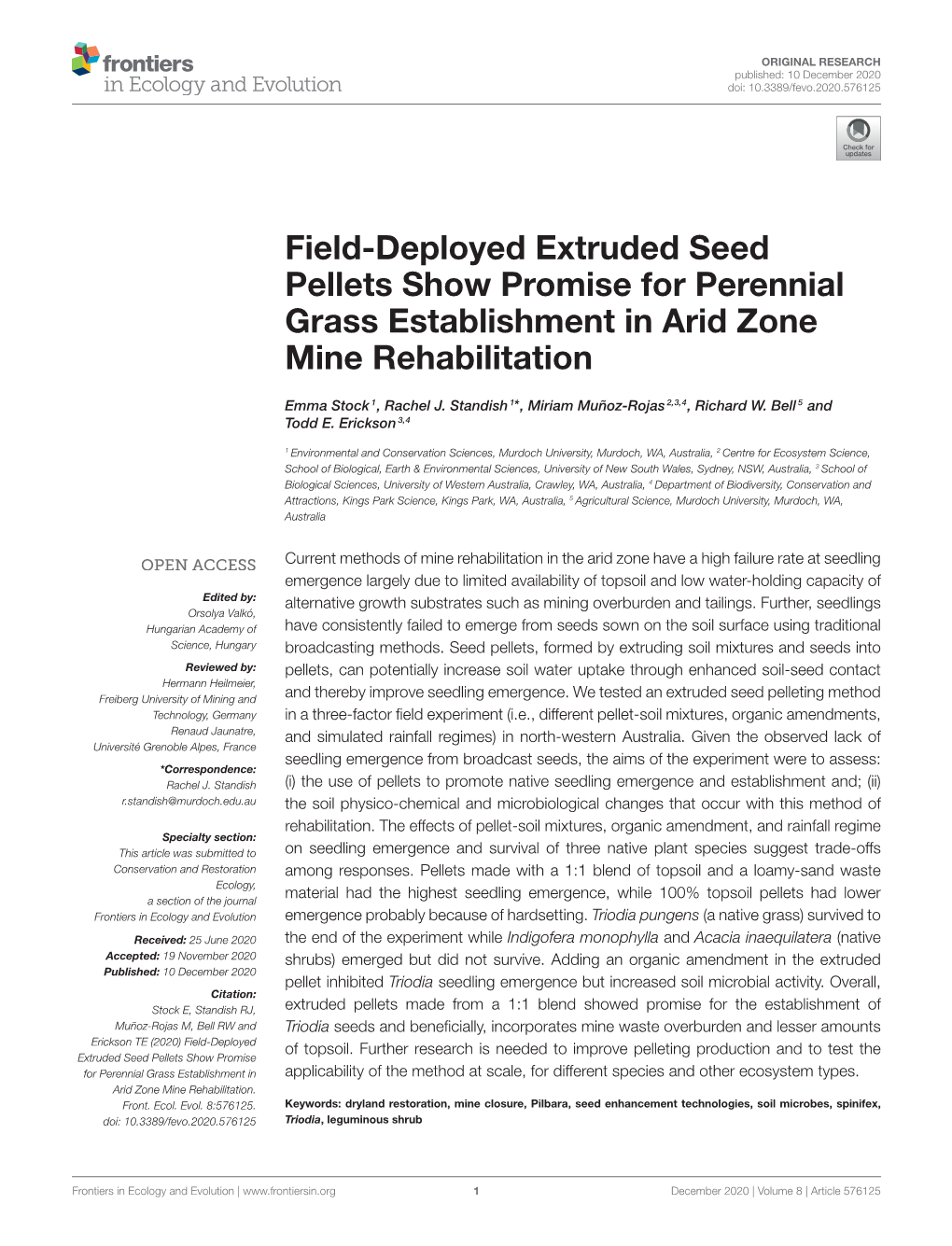 Field-Deployed Extruded Seed Pellets Show Promise for Perennial Grass Establishment in Arid Zone Mine Rehabilitation