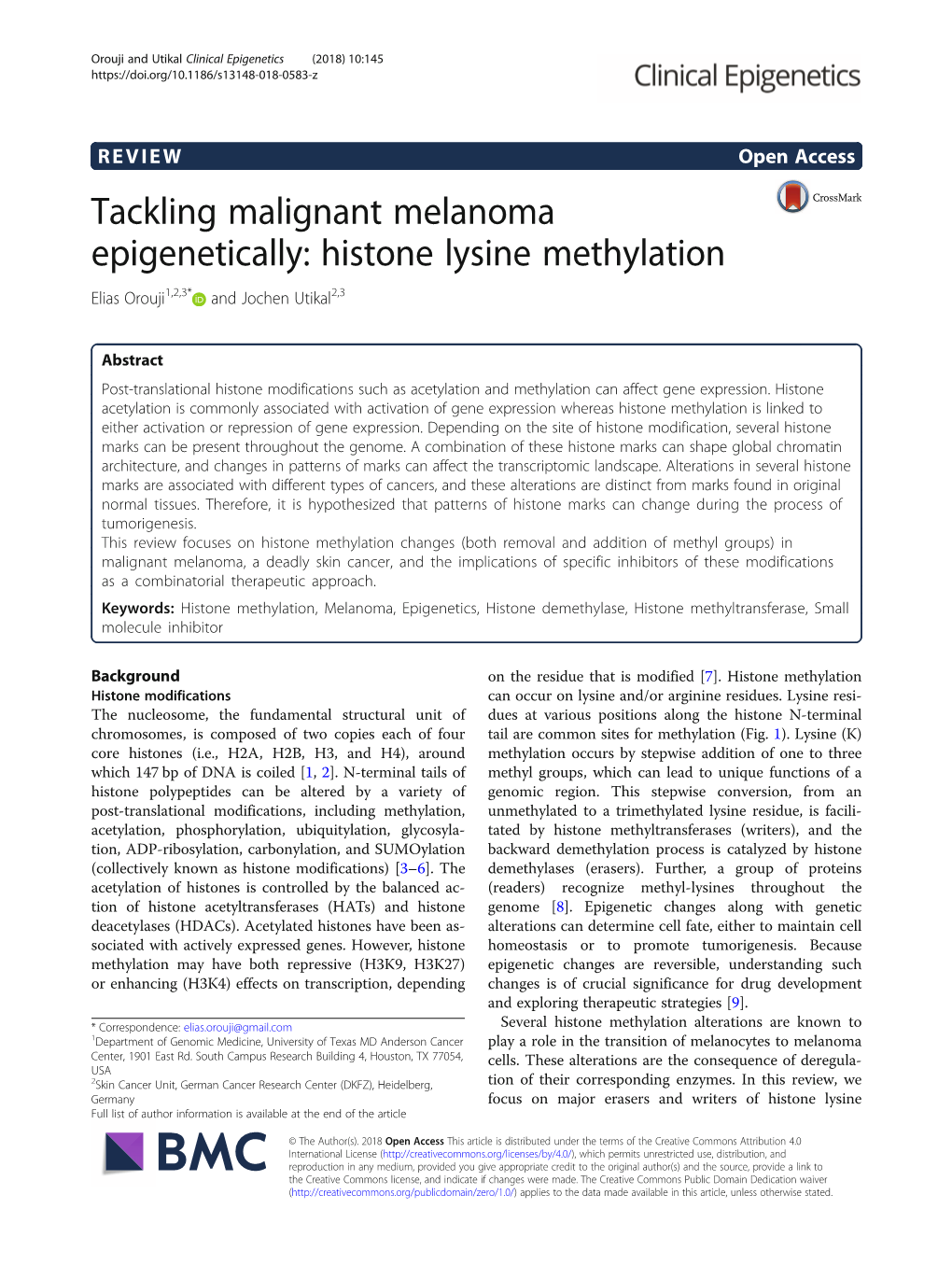 Histone Lysine Methylation Elias Orouji1,2,3* and Jochen Utikal2,3