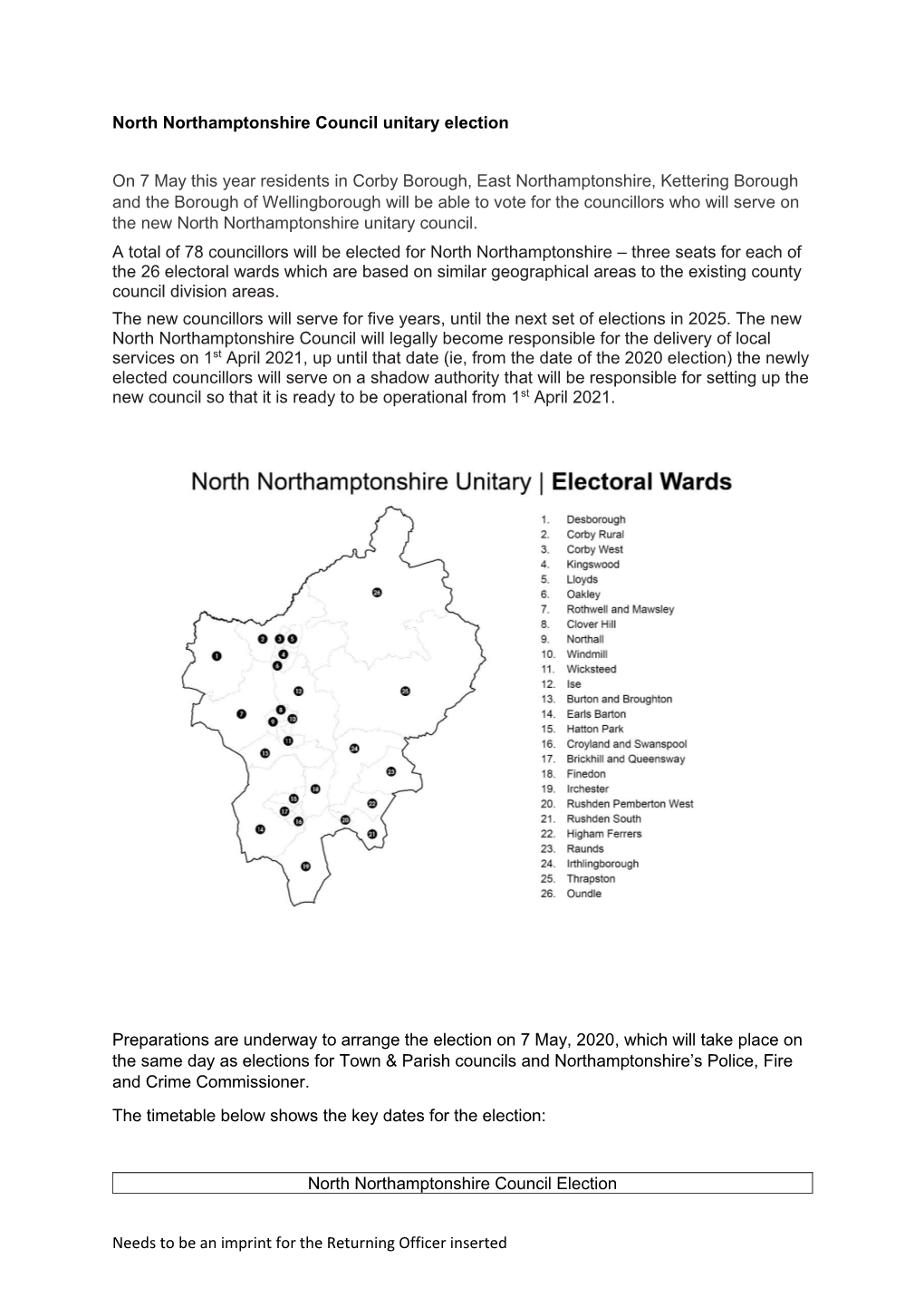 Needs to Be an Imprint for the Returning Officer Inserted North Northamptonshire Council Unitary Election on 7 May This Year