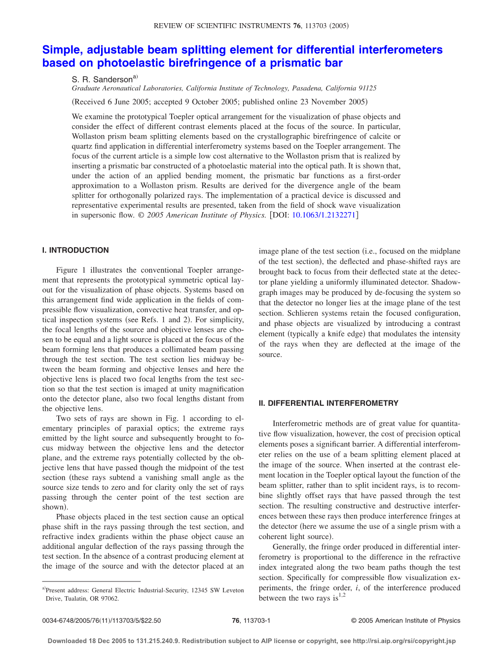 Simple, Adjustable Beam Splitting Element for Differential Interferometers Based on Photoelastic Birefringence of a Prismatic Bar ͒ S