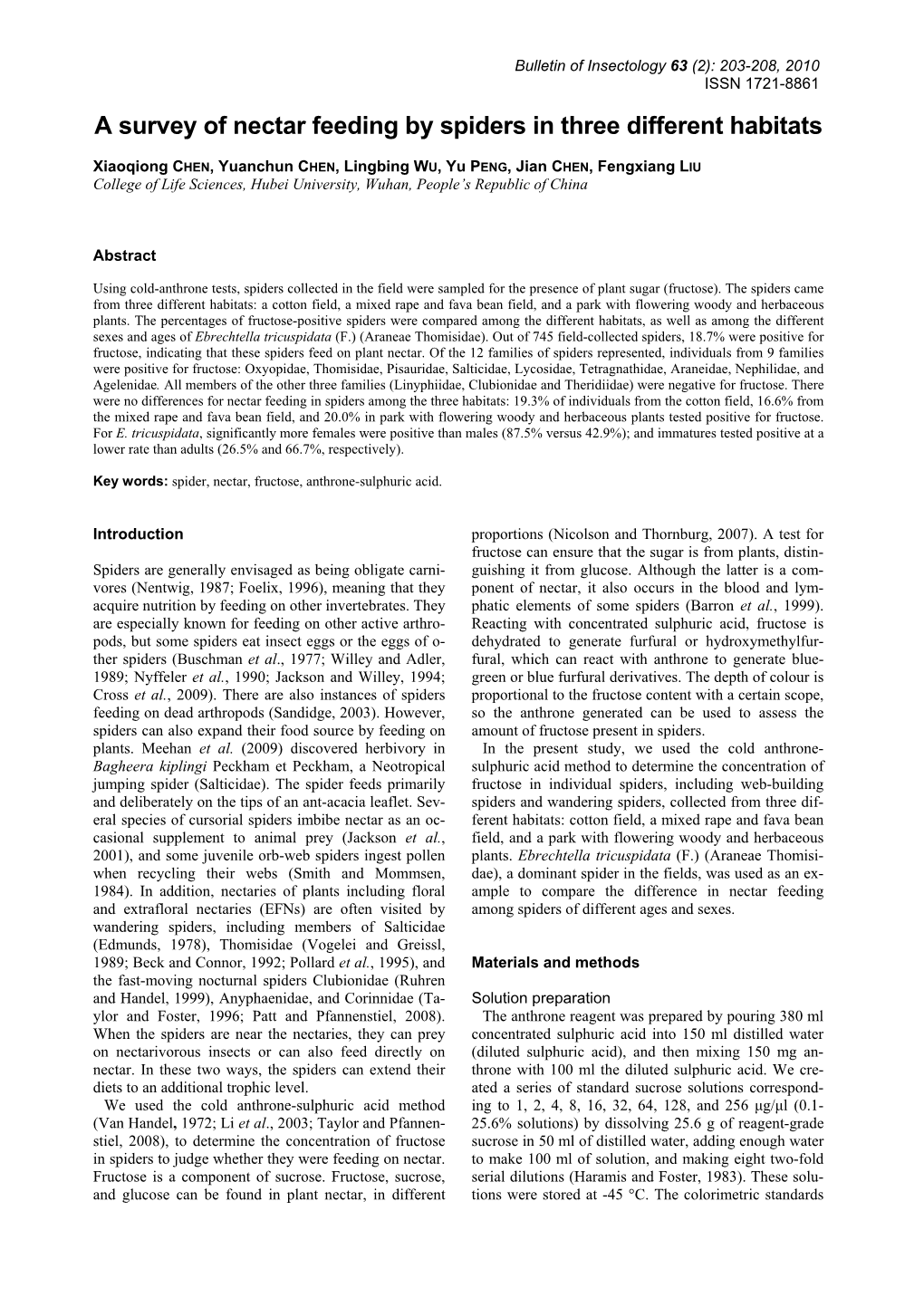 A Survey of Nectar Feeding by Spiders in Three Different Habitats