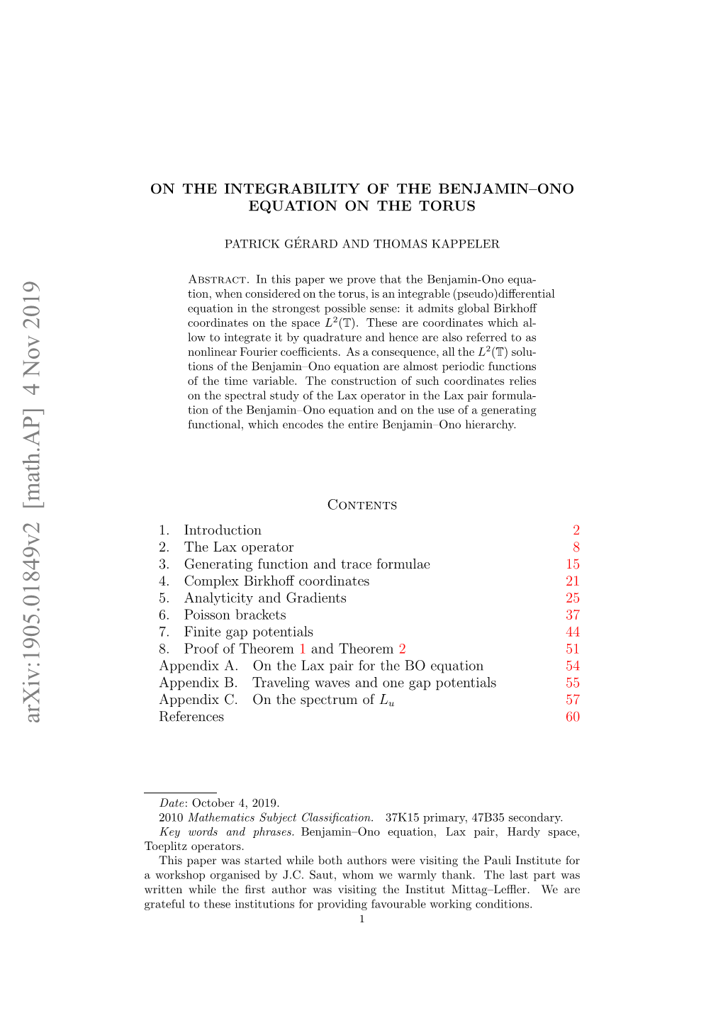 Arxiv:1905.01849V2 [Math.AP] 4 Nov 2019 Rte Hl H Rtato a Iiigteisiu Mittag–Leﬄer P Institut Co Last Working the Favourable the Visiting Providing for Was Thank