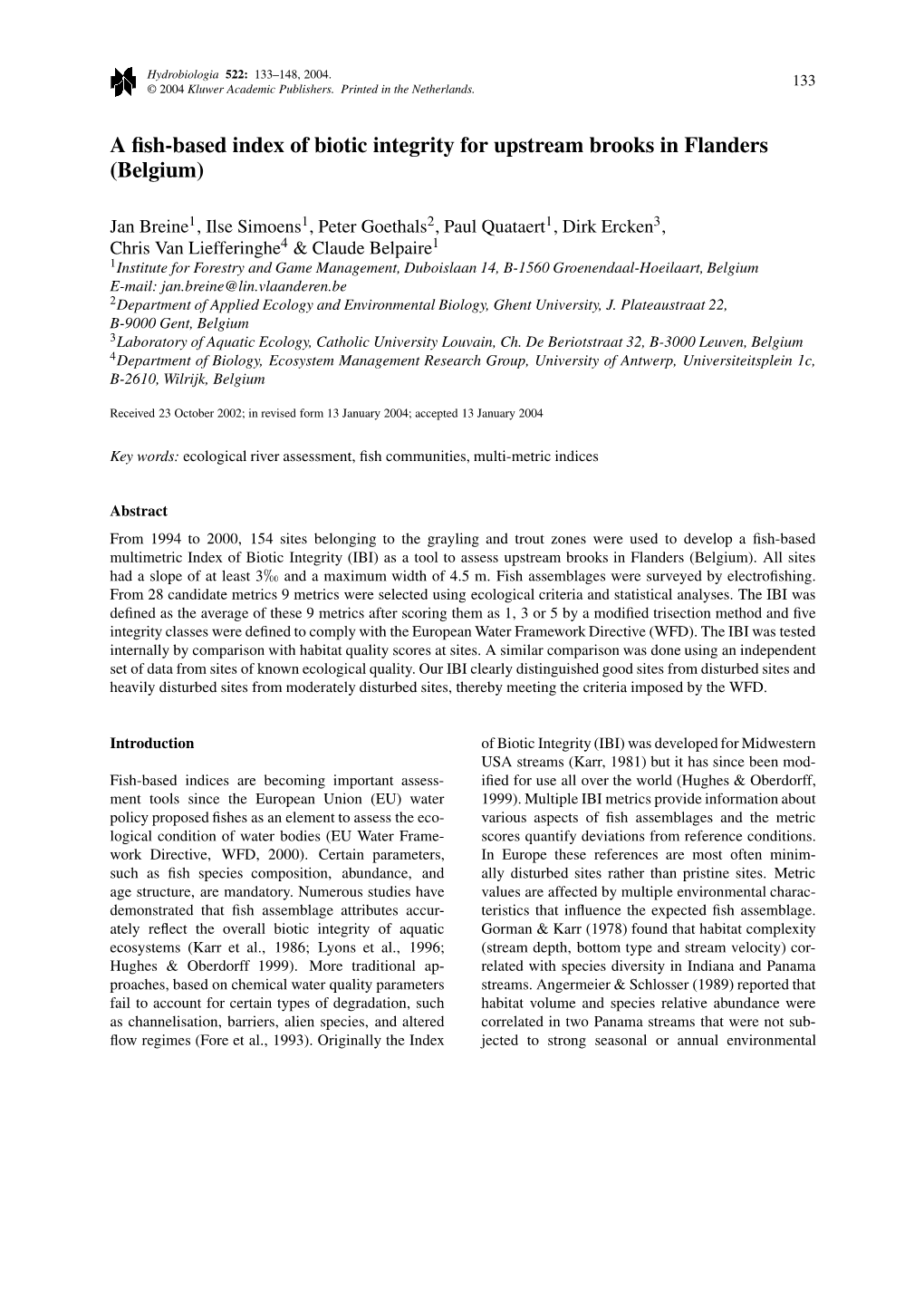 A Fish-Based Index of Biotic Integrity for Upstream Brooks in Flanders (Belgium)