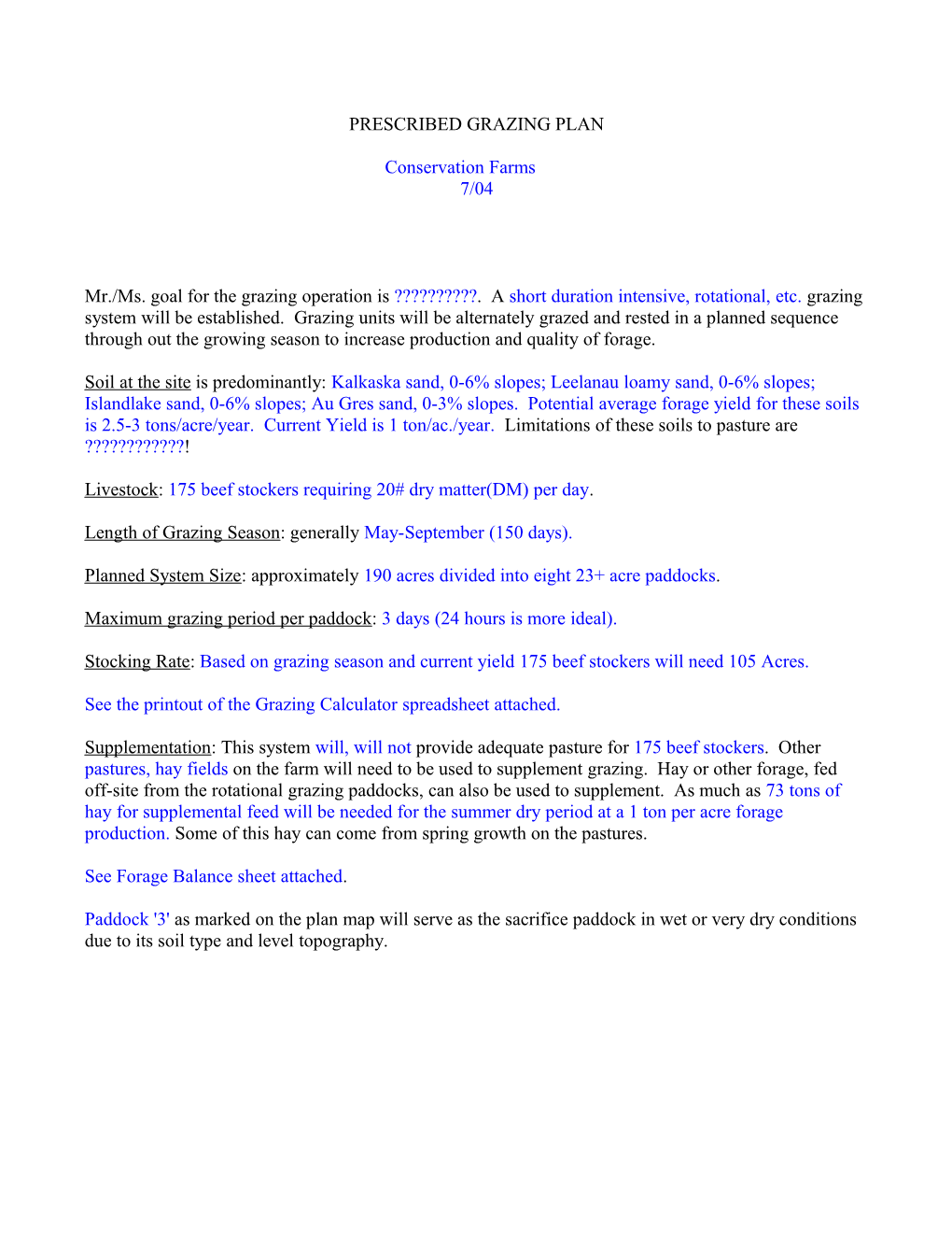 Short Duration Intensive Grazing Plan