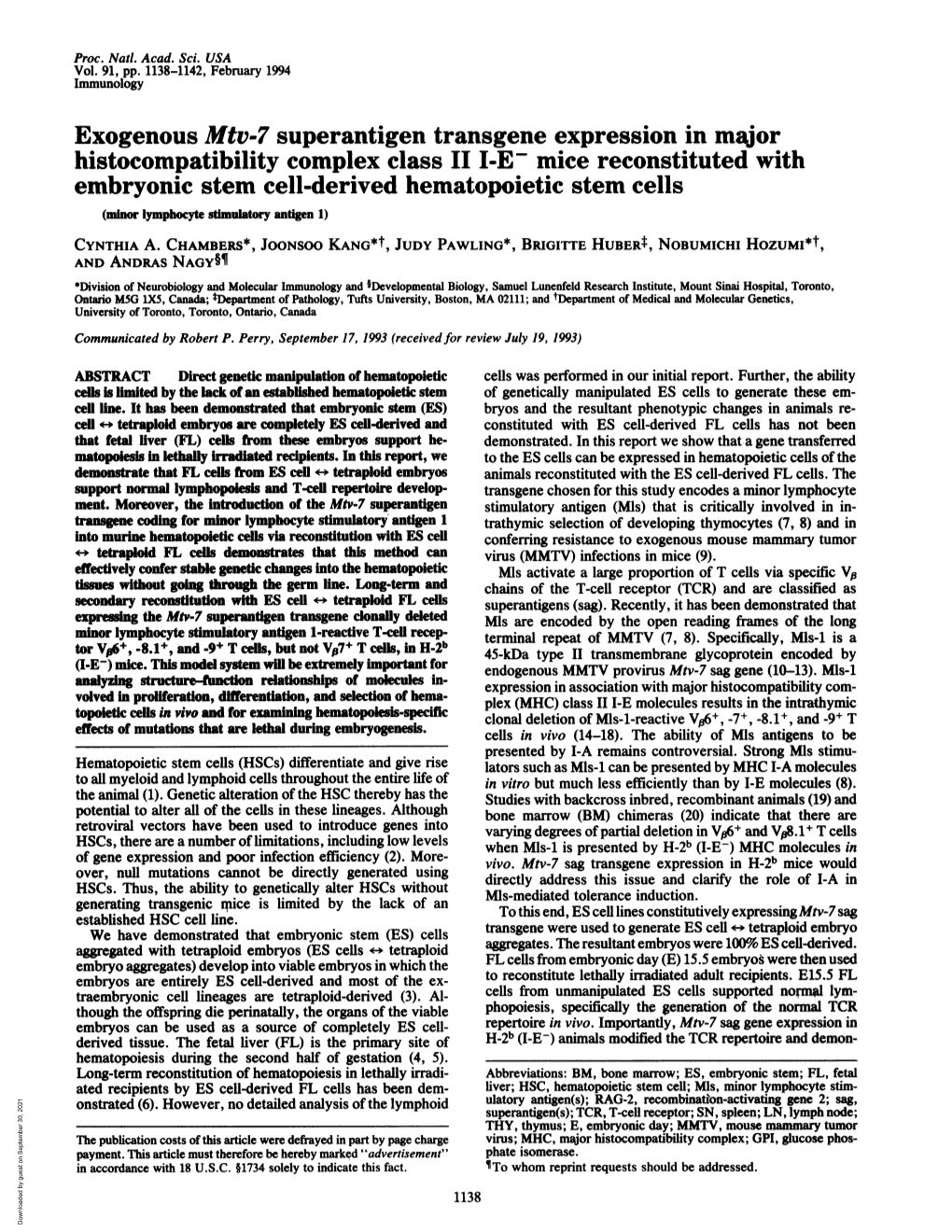 Exogenous Mtv-7 Superantigen Transgene Expression In