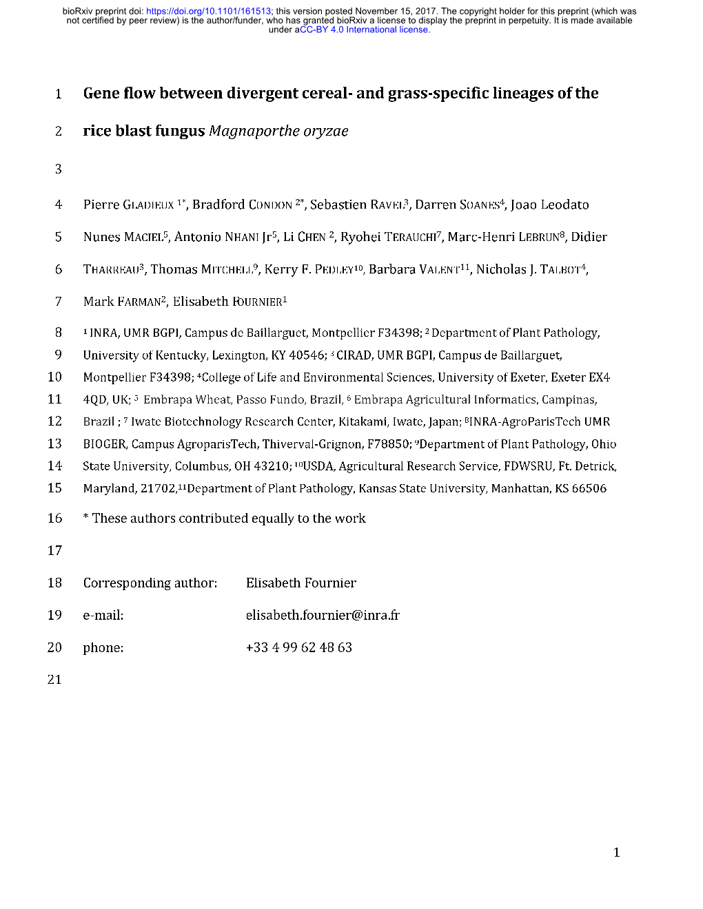 And Grass-Specific Lineages of the Rice Blast Fungus Magnaporthe Oryzae