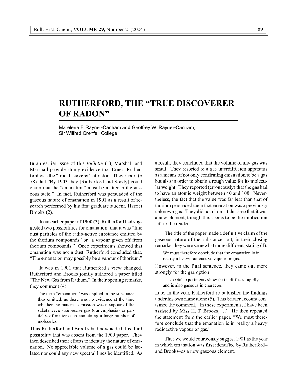 Rutherford, the “True Discoverer of Radon”