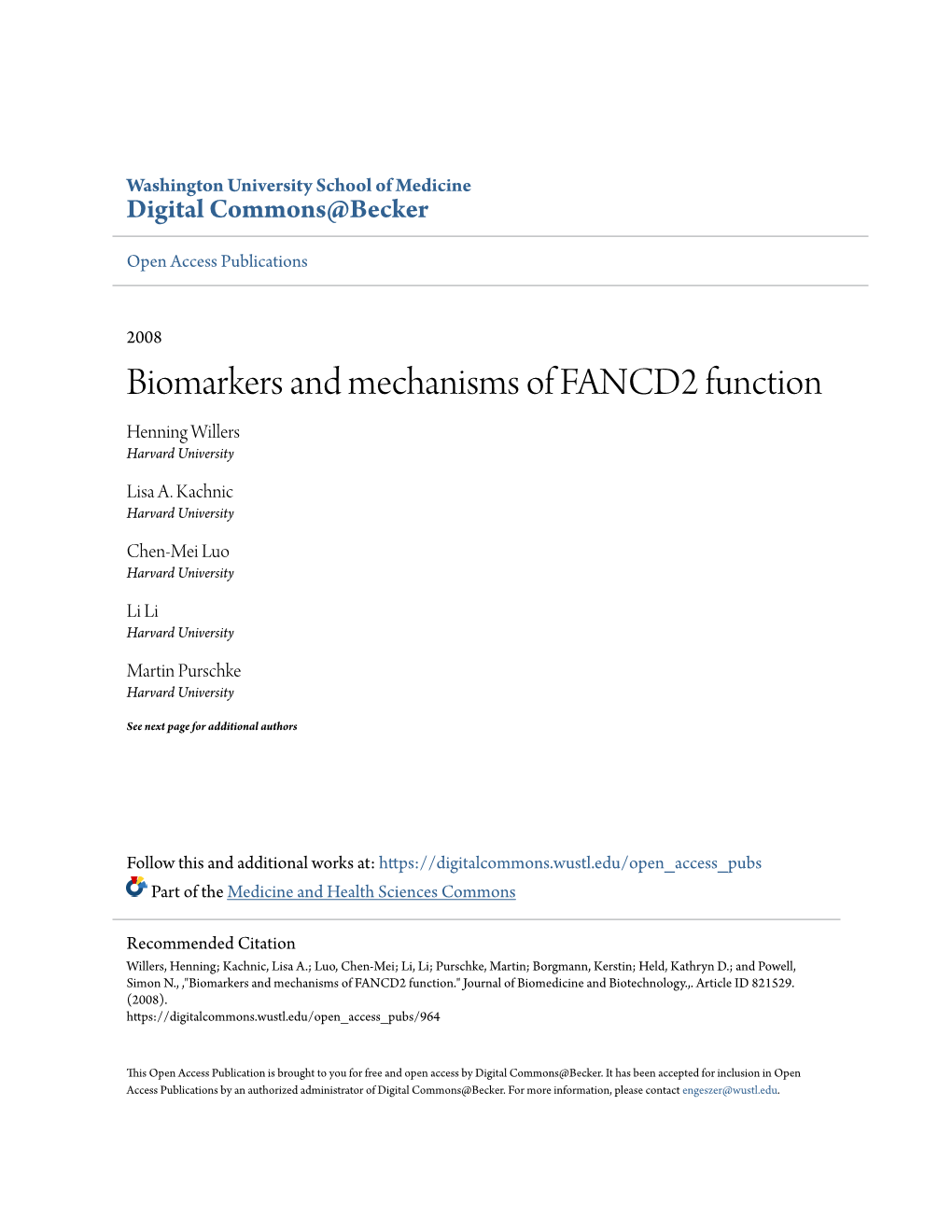 Biomarkers and Mechanisms of FANCD2 Function Henning Willers Harvard University