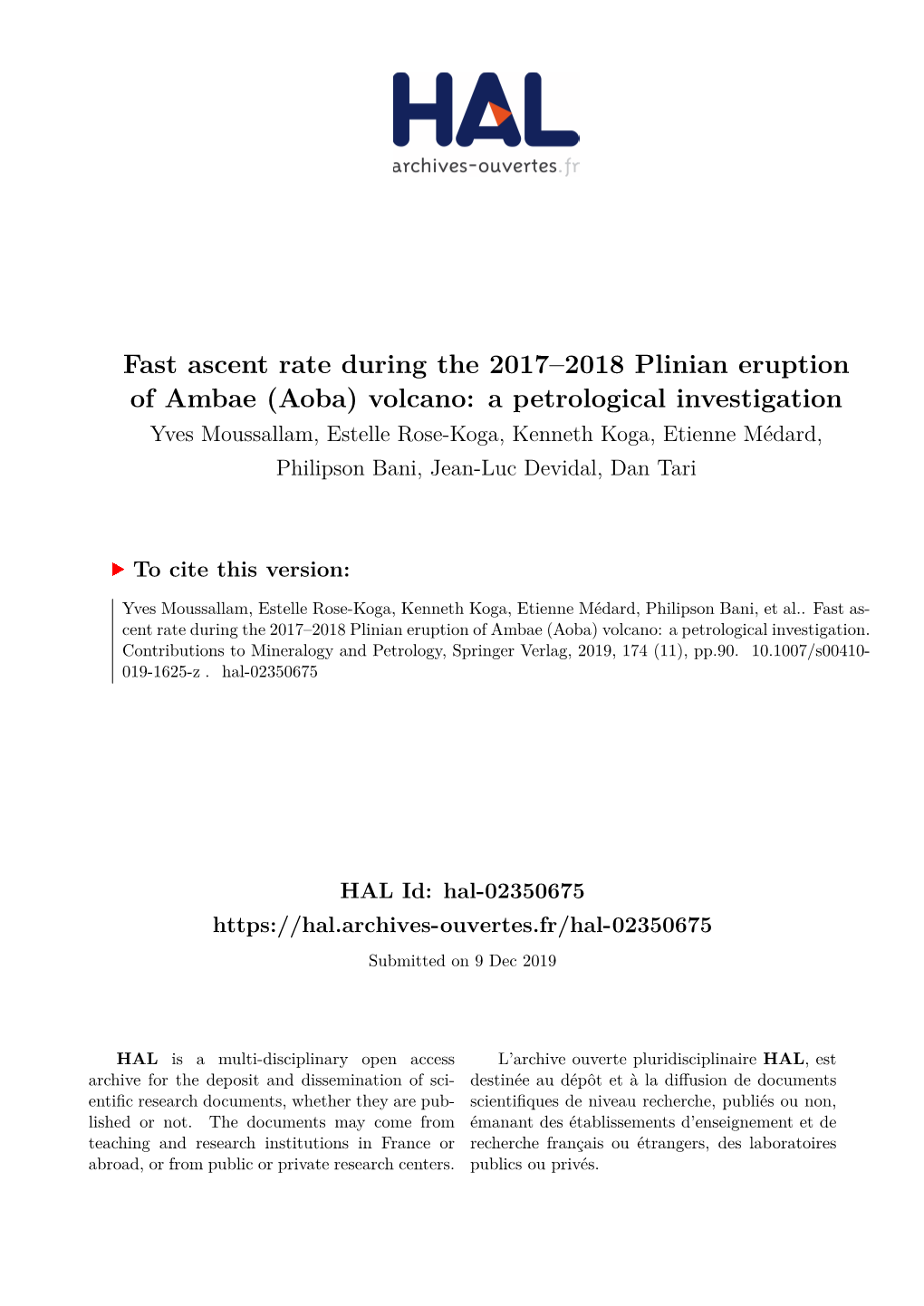 Fast Ascent Rate During the 2017–2018 Plinian Eruption of Ambae