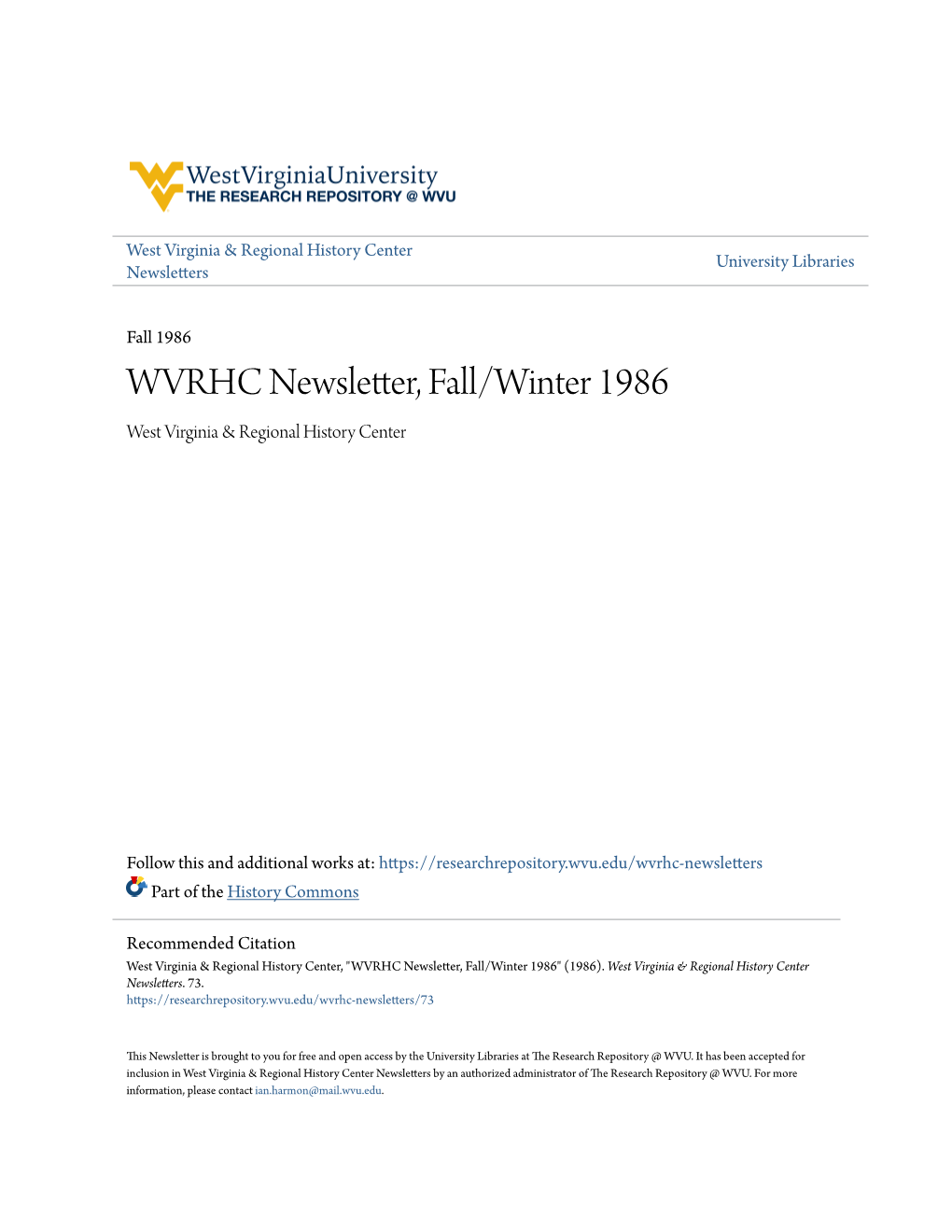 WVRHC Newsletter, Fall/Winter 1986 West Virginia & Regional History Center