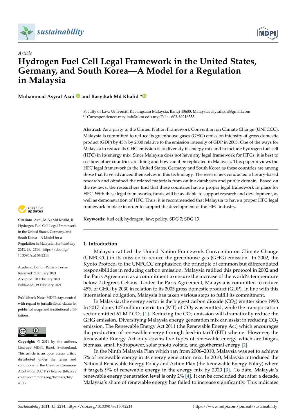 Hydrogen Fuel Cell Legal Framework in the United States, Germany, and South Korea—A Model for a Regulation in Malaysia