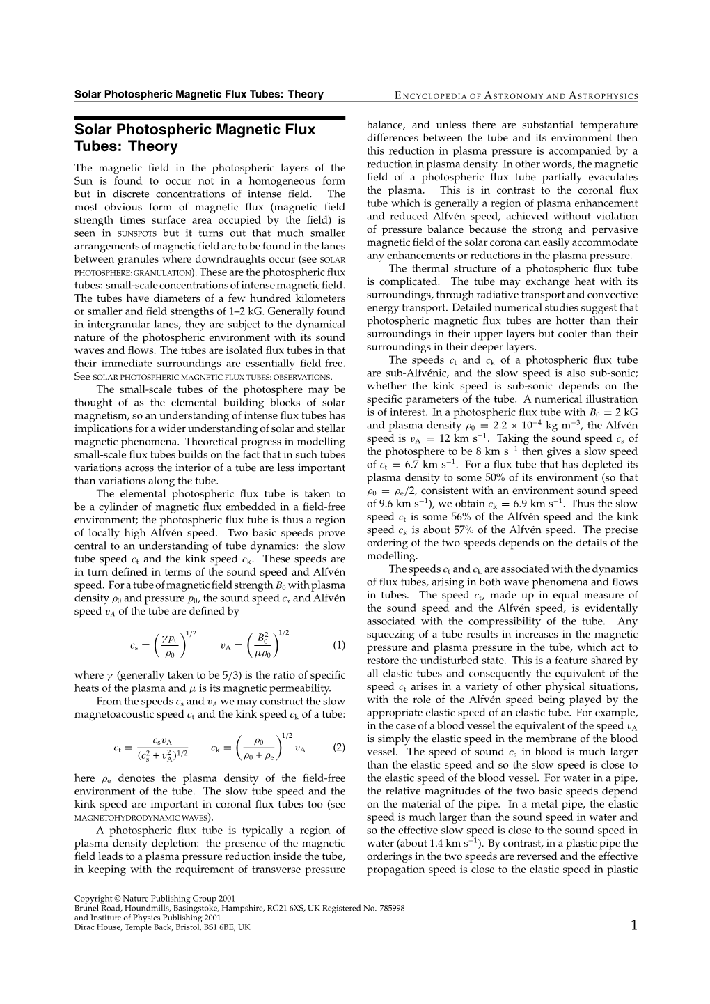 Solar Photospheric Magnetic Flux Tubes: Theory E NCYCLOPEDIA of a STRONOMY and a STROPHYSICS