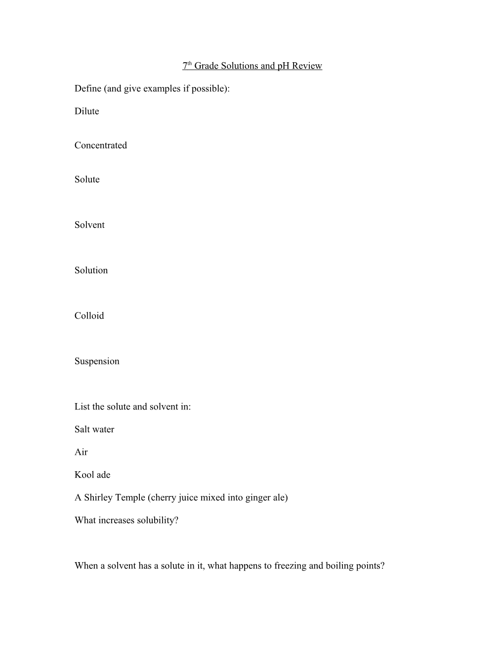 7Th Grade Chemical Bonds and Ph Review Information