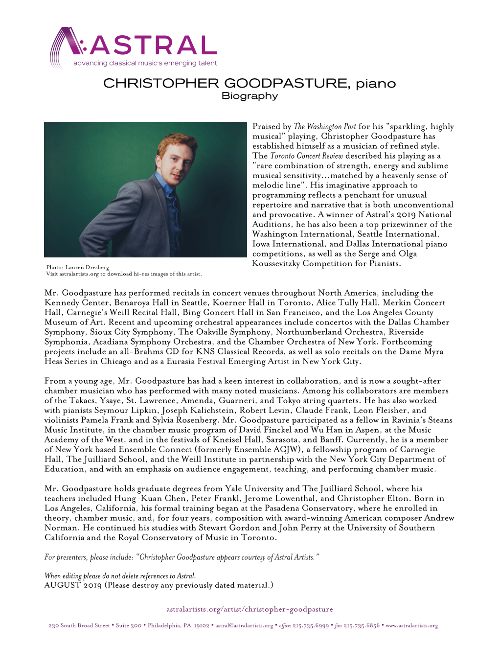 CHRISTOPHER GOODPASTURE, Piano Biography