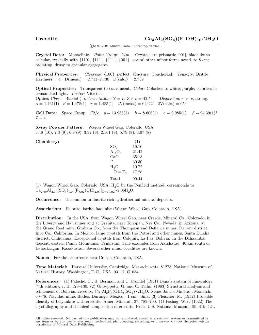 Creedite Ca3al2(SO4)(F, OH)10 • 2H2O C 2001-2005 Mineral Data Publishing, Version 1
