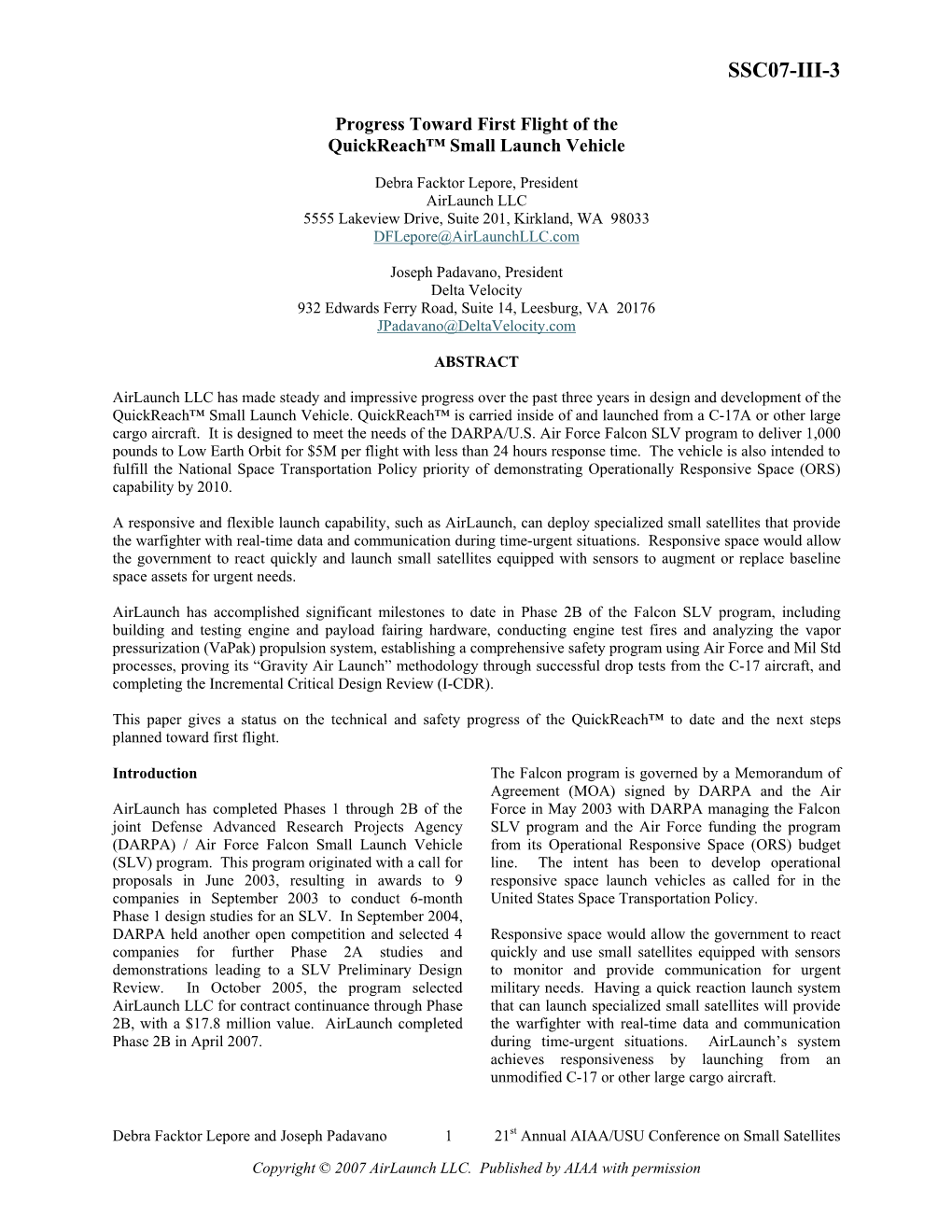 Airlaunch Small Sat Paper SSC07-III-3 061907 Final Formatted