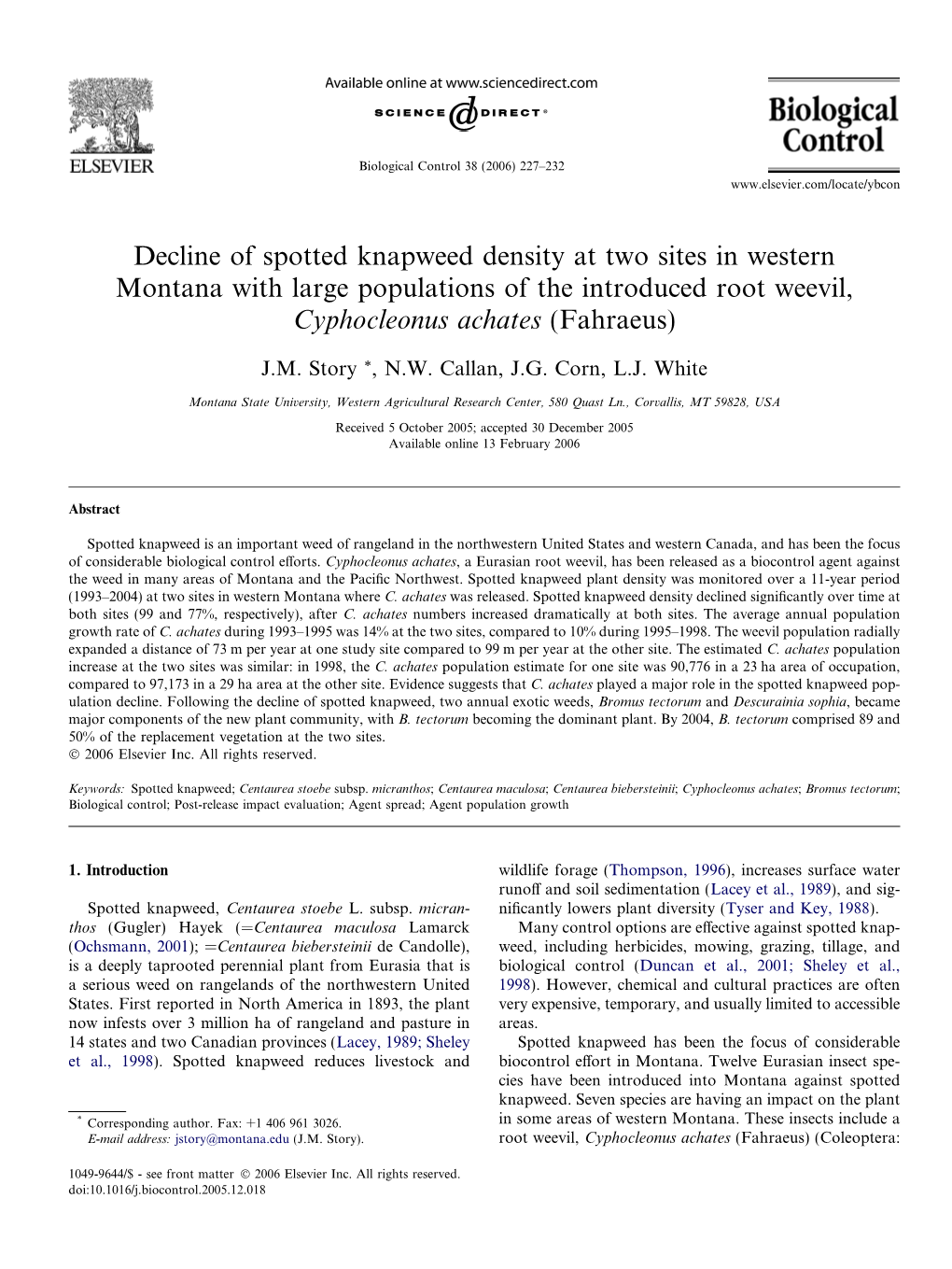 Decline of Spotted Knapweed Density at Two Sites in Western Montana with Large Populations of the Introduced Root Weevil, Cyphocleonus Achates (Fahraeus)