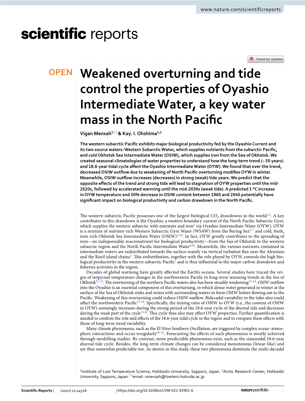 Weakened Overturning and Tide Control the Properties of Oyashio Intermediate Water, a Key Water Mass in the North Pacifc Vigan Mensah1* & Kay
