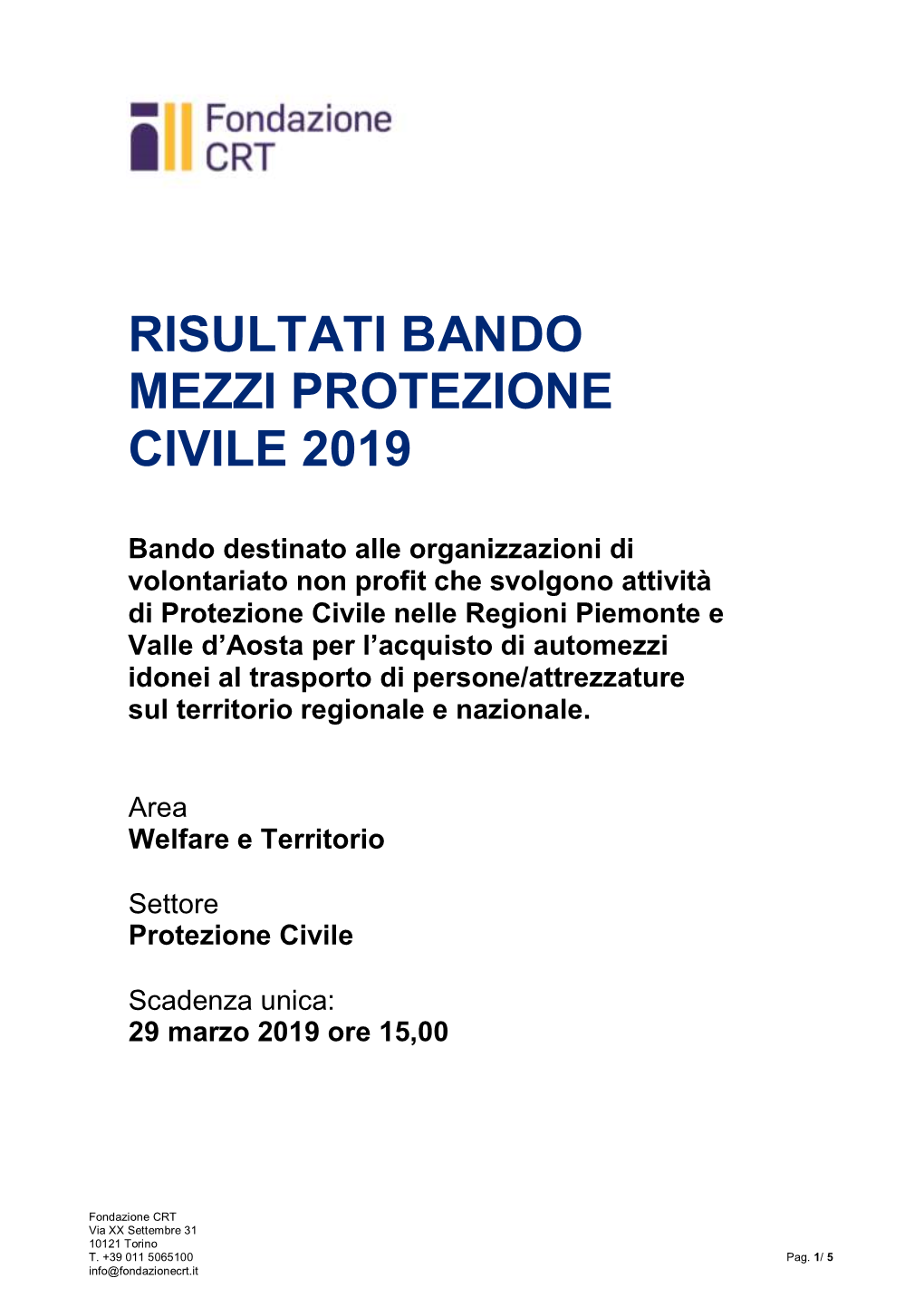 Risultati Bando Mezzi Protezione Civile 2019