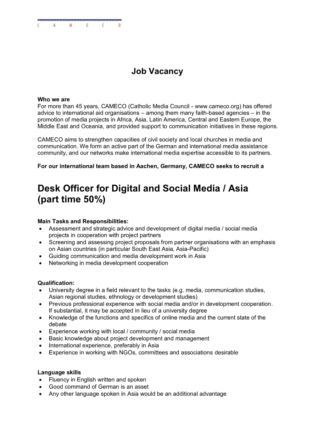 Desk Officer for Digital and Social Media / Asia (Part Time 50%)
