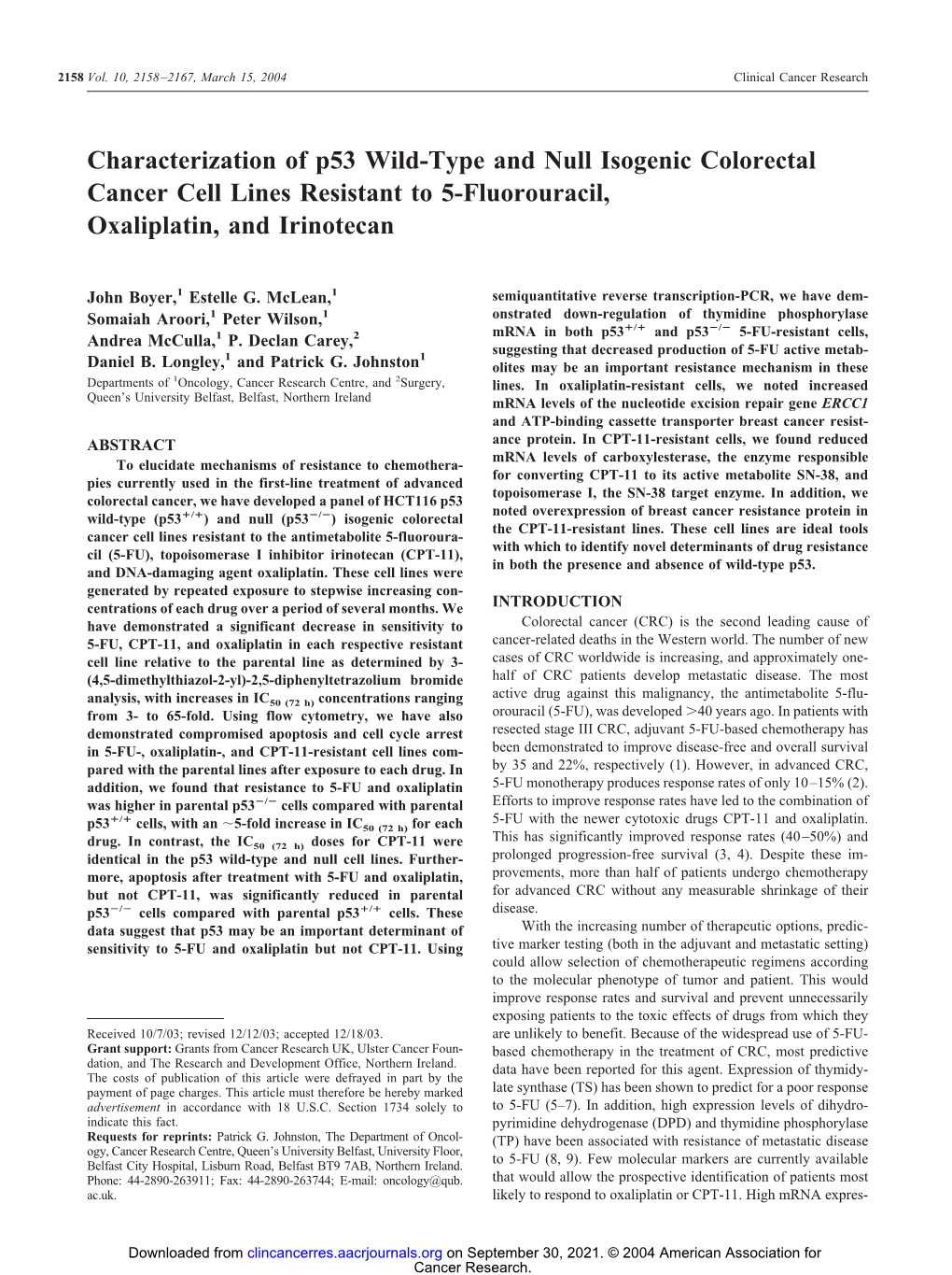 Characterization of P53 Wild-Type and Null Isogenic Colorectal Cancer Cell Lines Resistant to 5-Fluorouracil, Oxaliplatin, and Irinotecan