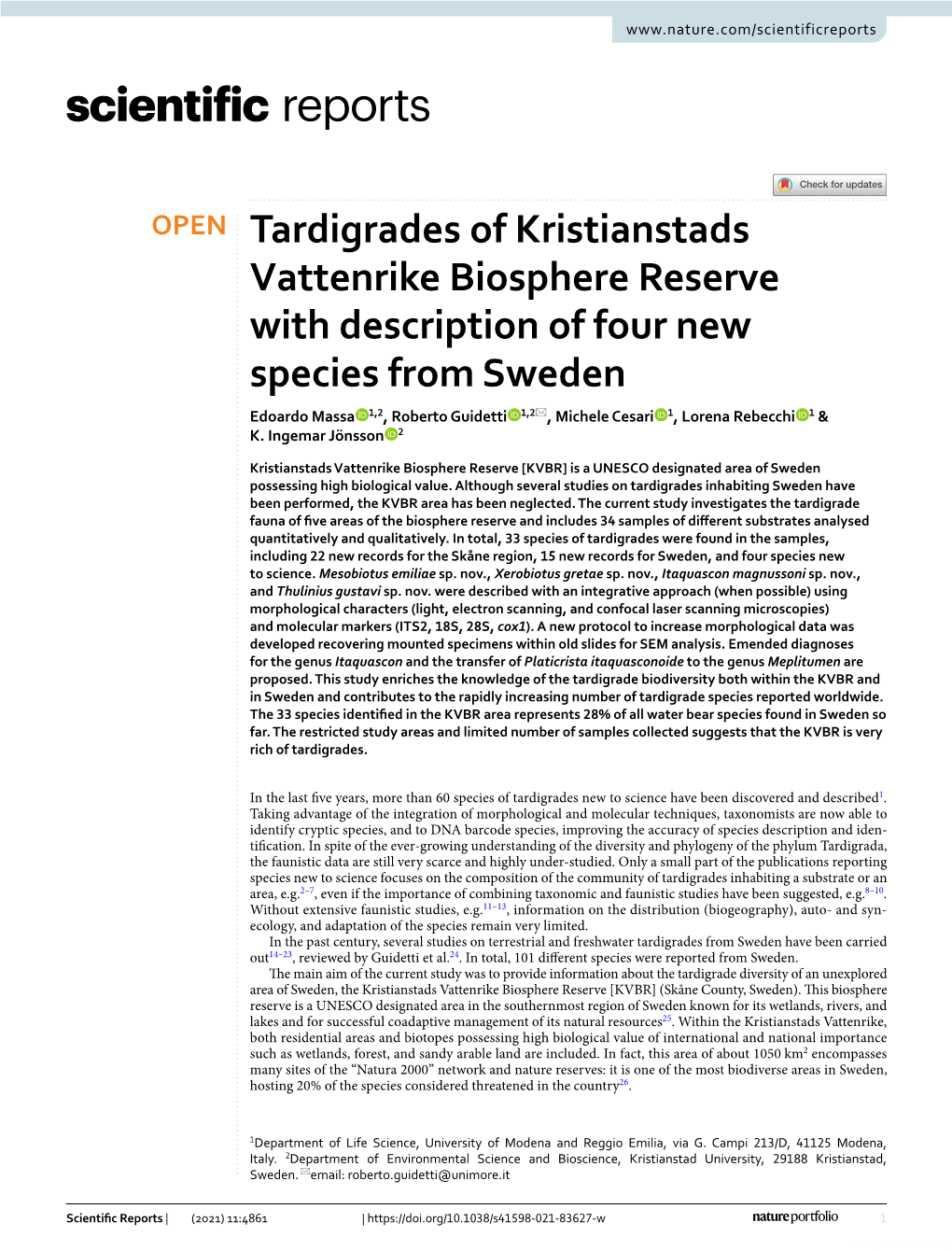 Tardigrades of Kristianstads Vattenrike Biosphere Reserve with Description of Four New Species from Sweden